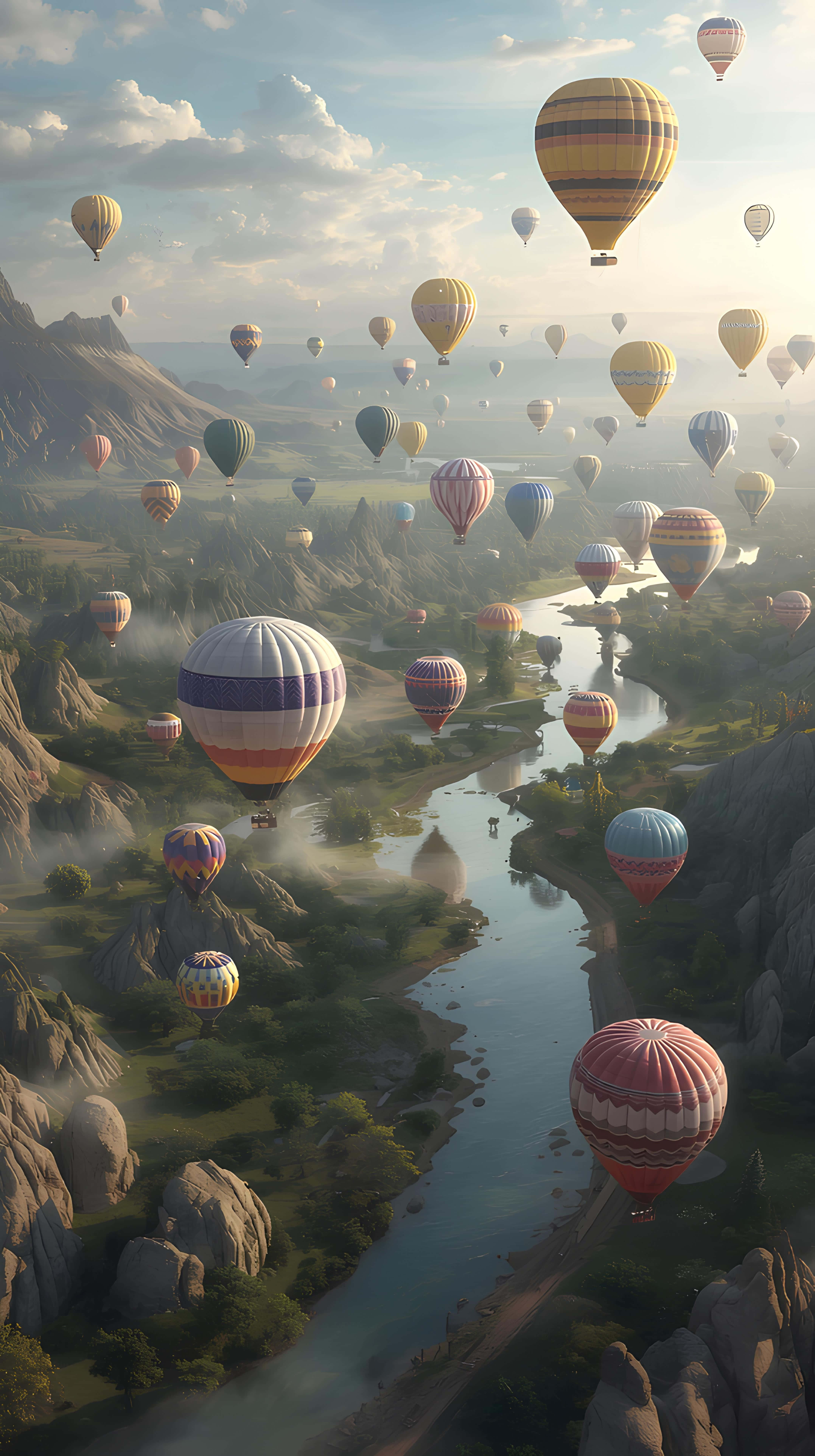 hot air balloon, valley, winding river, 8K Phone Wallpaper