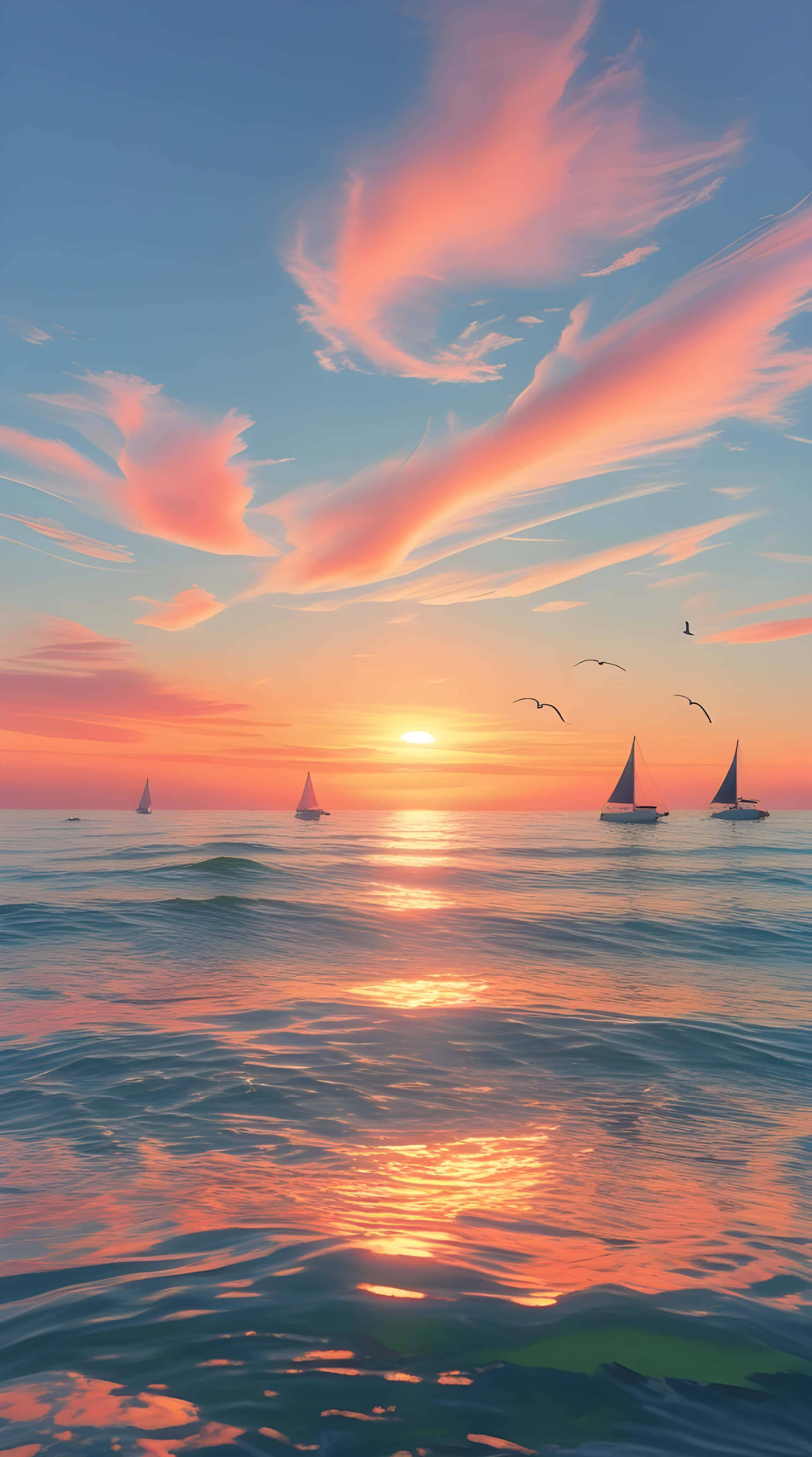 sailboats, tranquil ocean, sun sets, 4K Phone Wallpaper