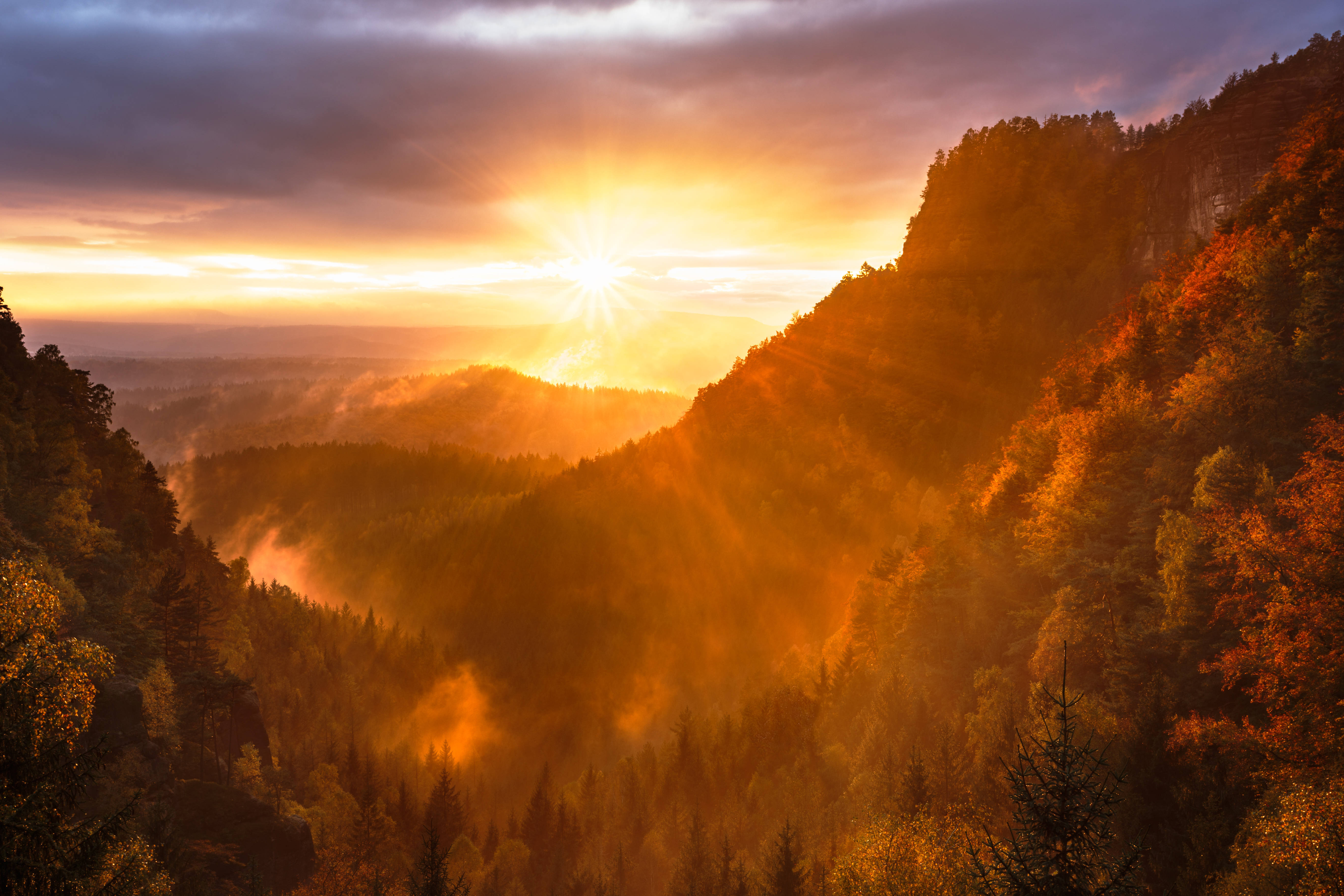 golden sunrise, clouds, misty autumn mountains, 5K Desktop Wallpaper