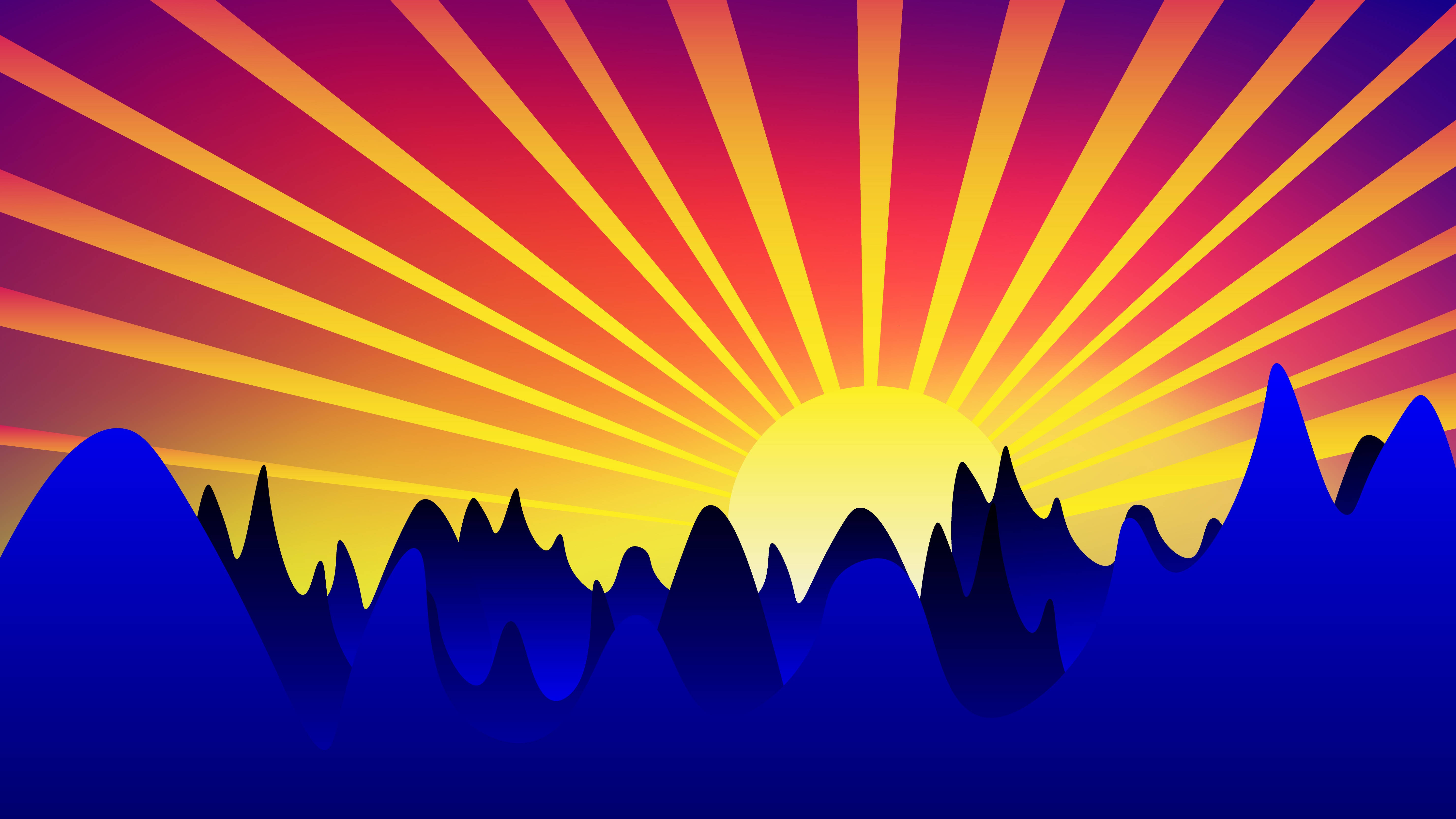 sunrise, jagged blue mountain peaks, gradient sky, 5K Desktop Wallpaper