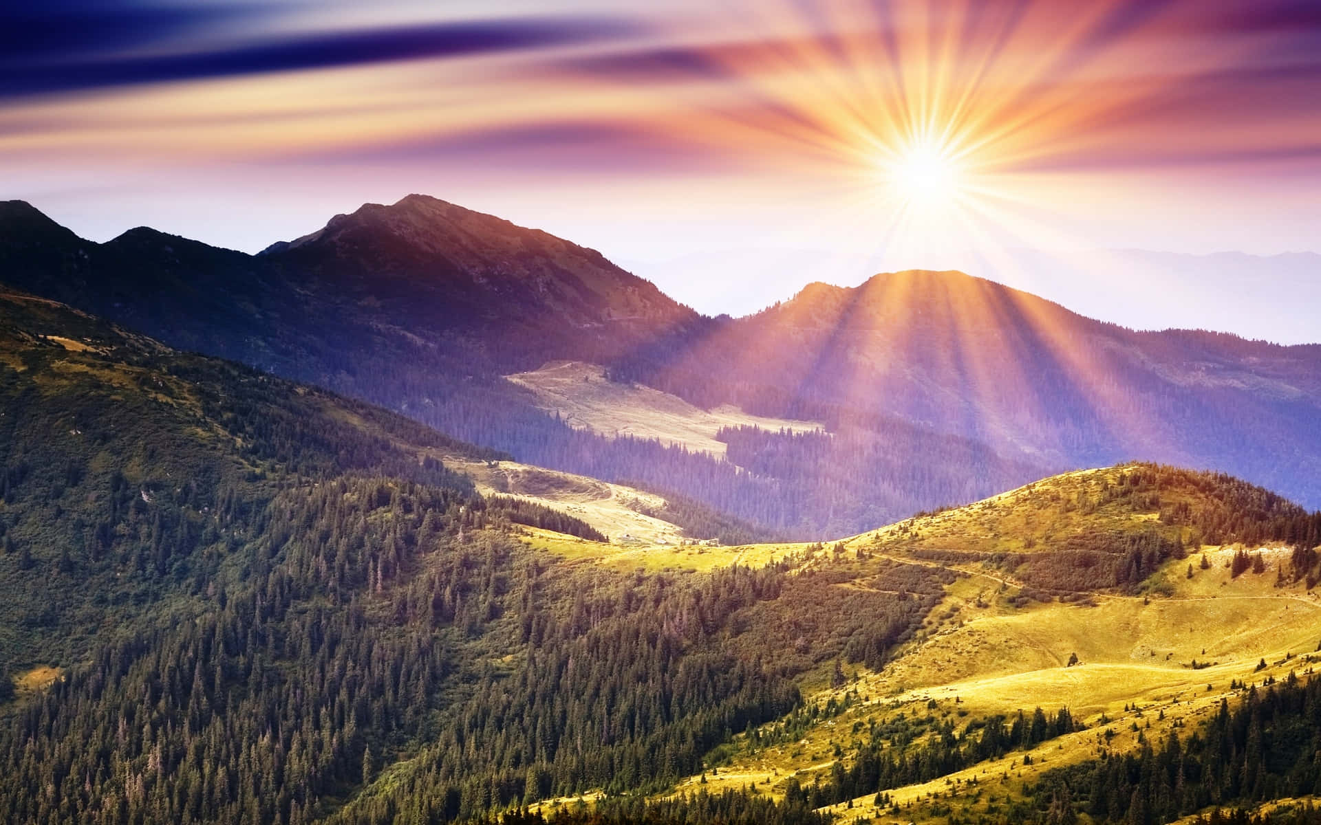 Sunrise, jagged mountain peaks, forested slopes, Full HD Desktop Wallpaper