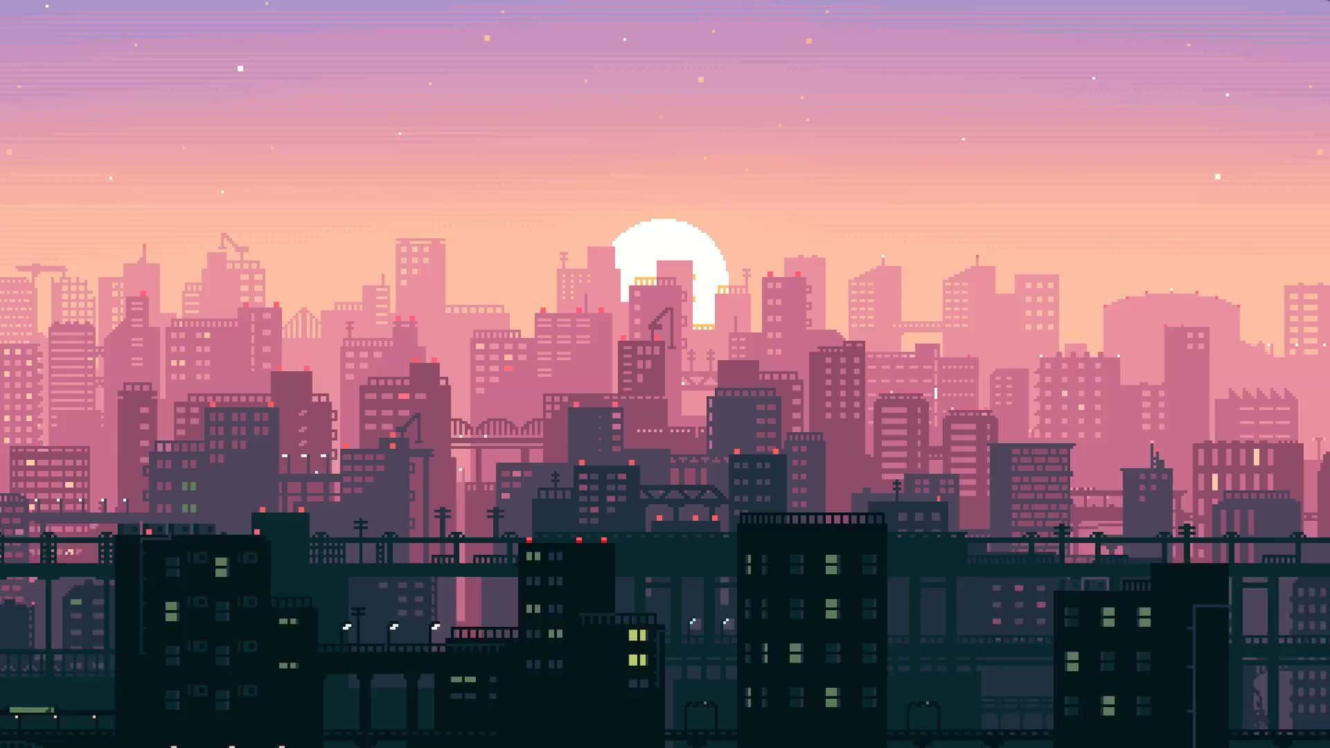 Live Aesthetic, Sunrise Cityscape, pixel art, Full HD Desktop Wallpaper