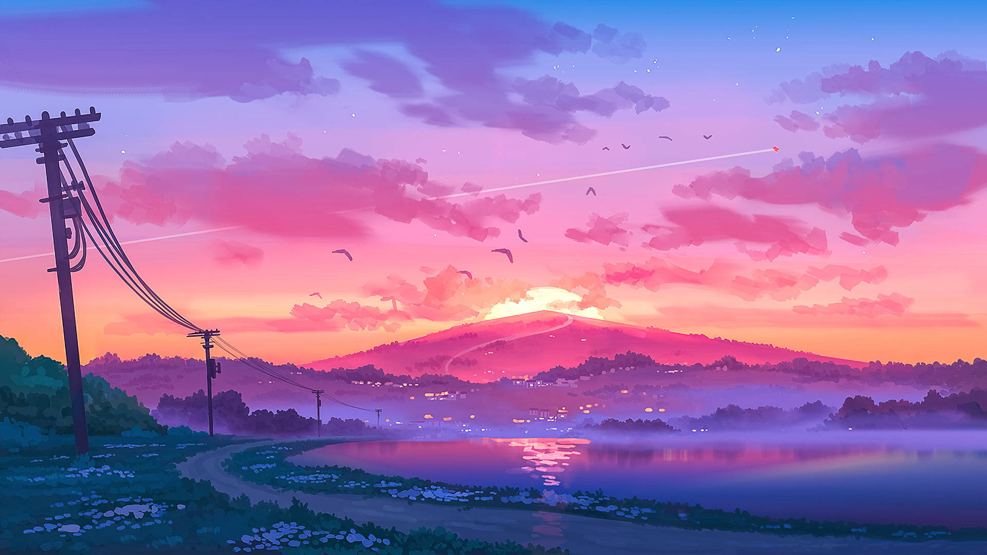 Google Pixel Desktop, Rural Pink Sunrise, pink purple sky, Full HD Desktop Wallpaper