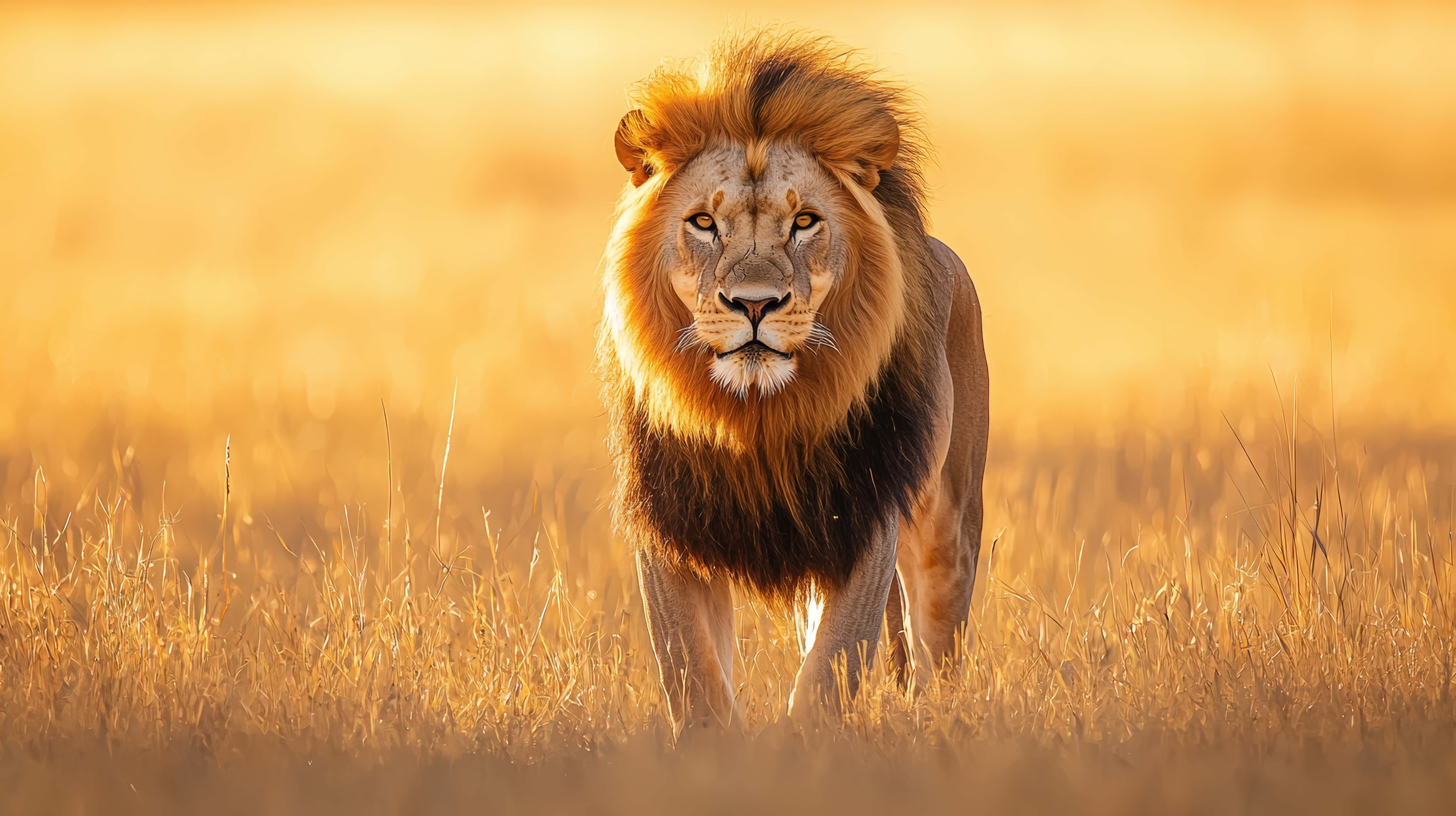 majestic male lion, golden mane, golden grasslands, 8K Desktop Wallpaper