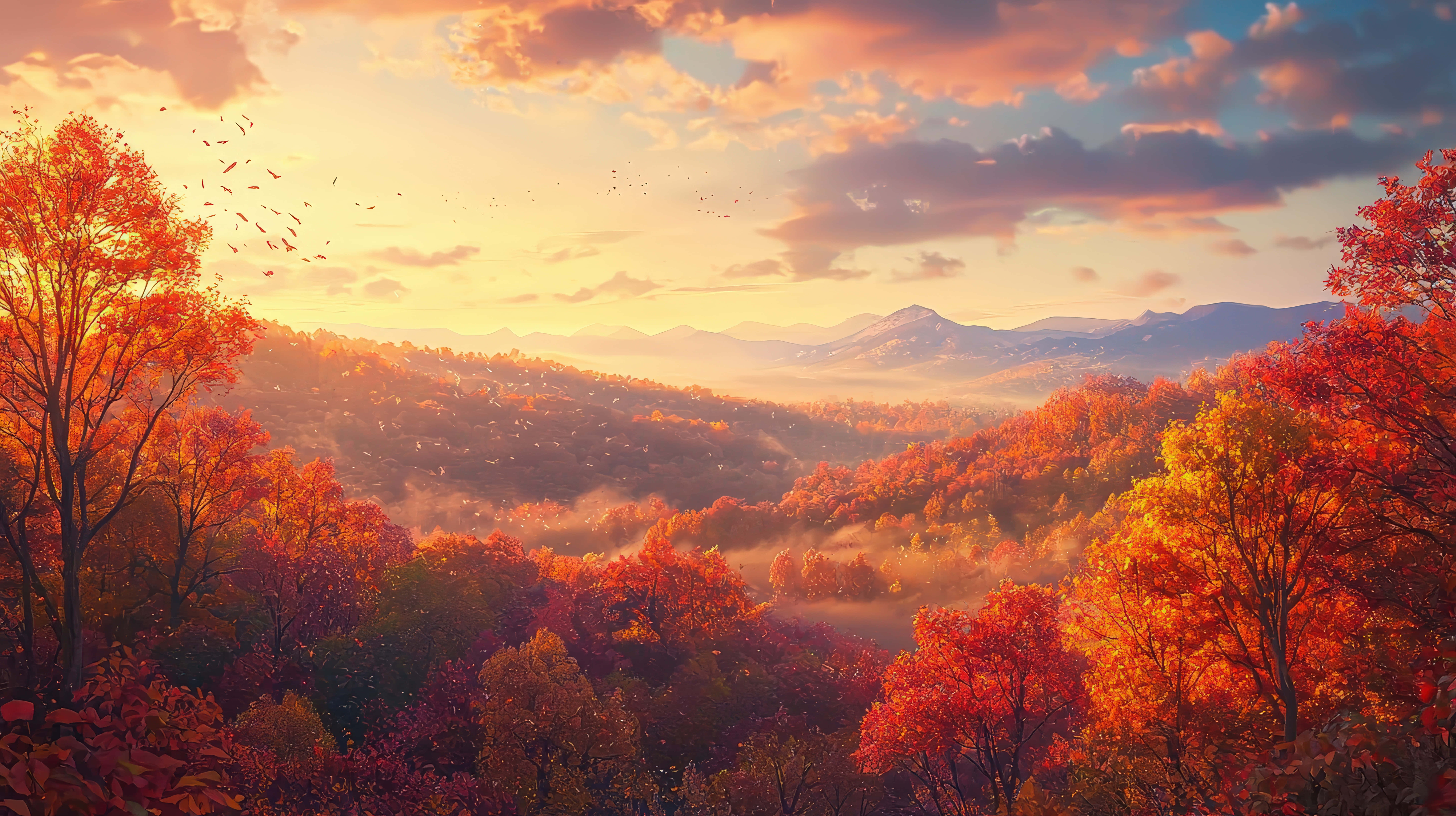 golden sunrise, fiery red orange trees, mist rolling through valleys, 8K Desktop Wallpaper