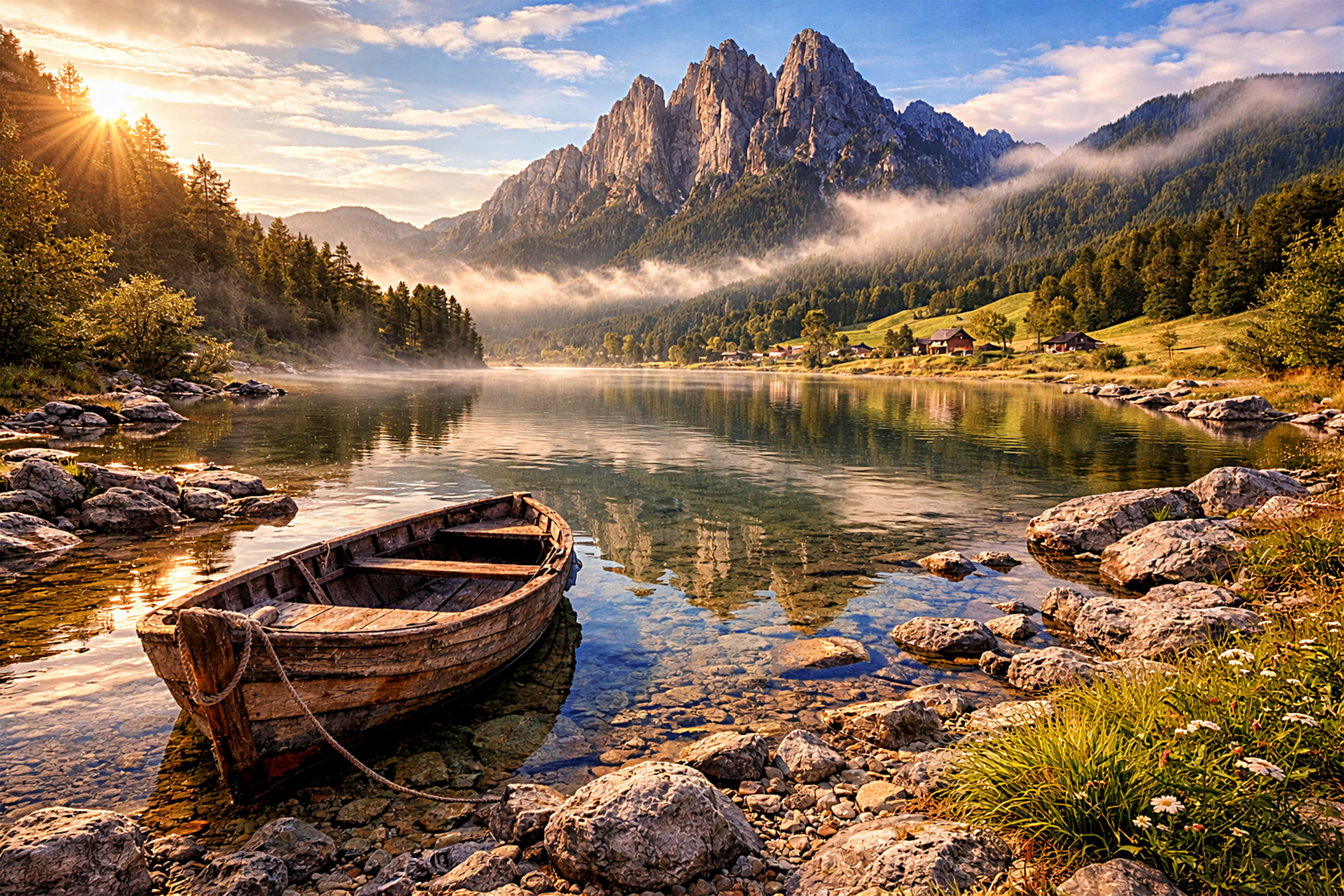 quiet shore, wooden boat, rocky lakeshore, 4K Desktop Wallpaper