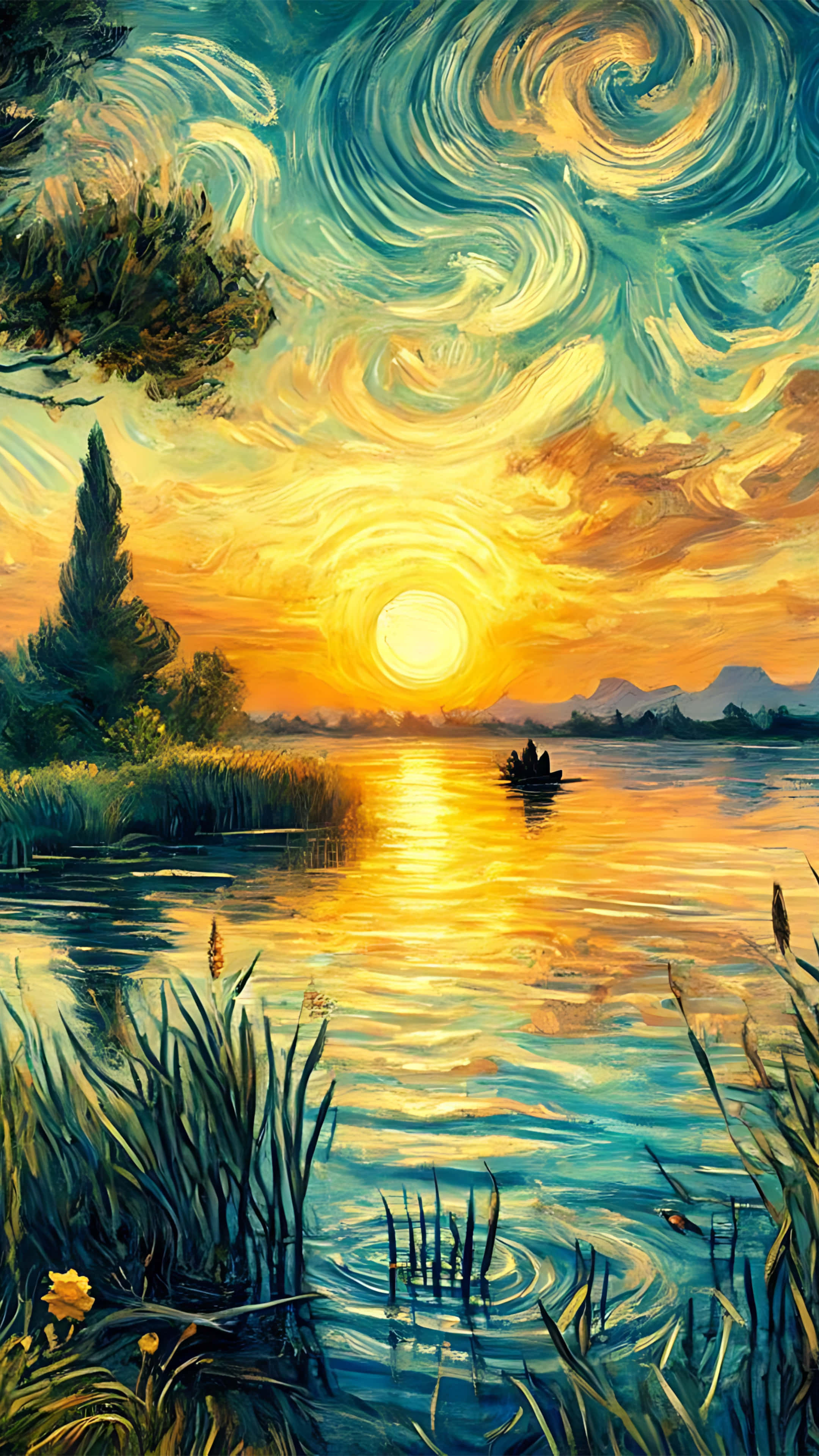 sunset, calm lake, swirling sky, 4K Phone Wallpaper