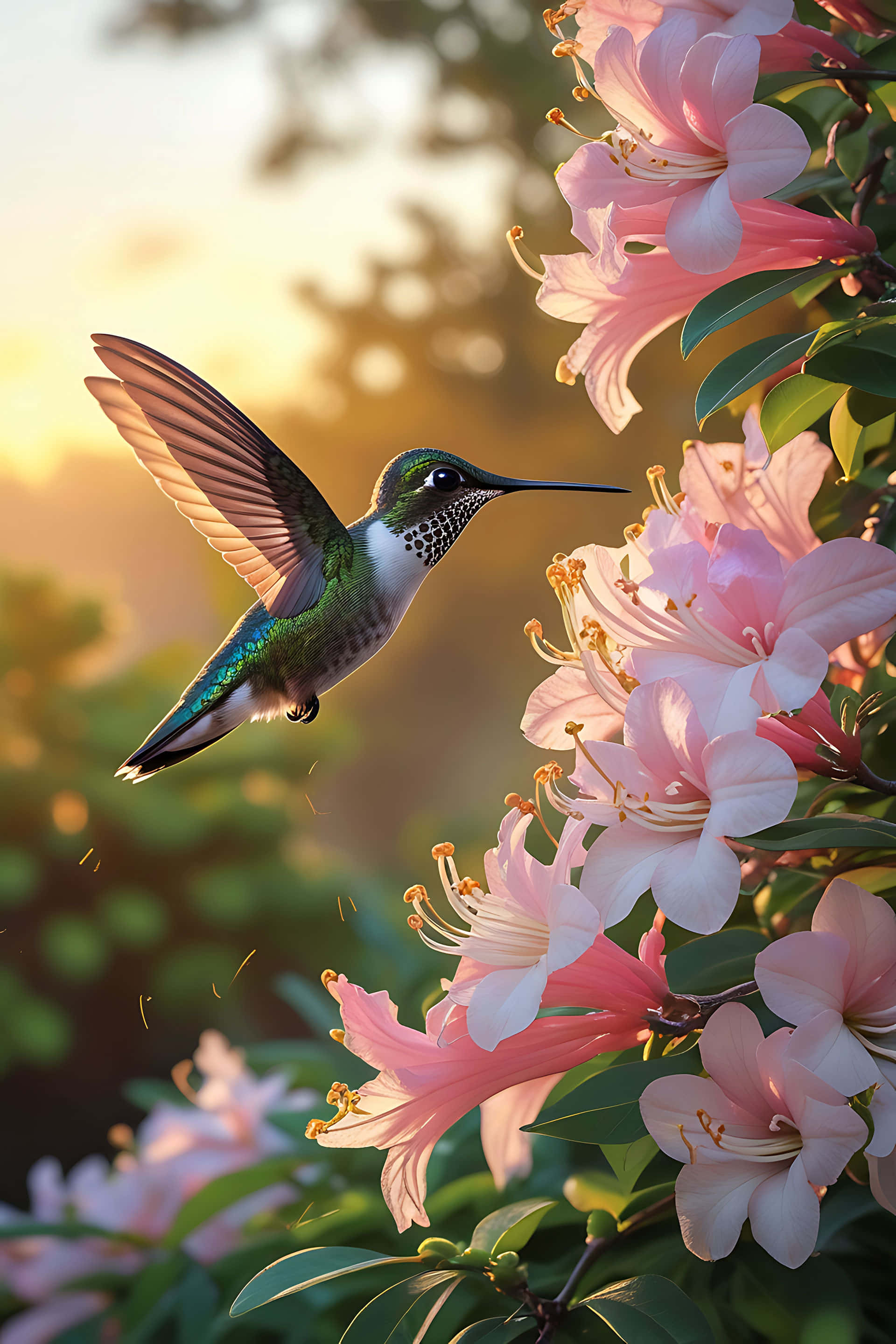 hummingbird, pink lilies, golden sunlight, 2K Phone Wallpaper