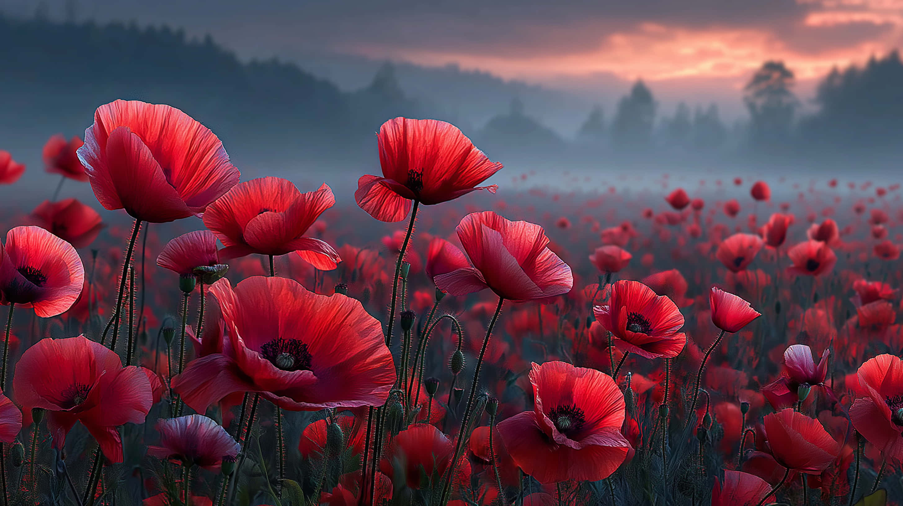 poppy field, blue spring dawn sky, misty field, 2K Desktop Wallpaper