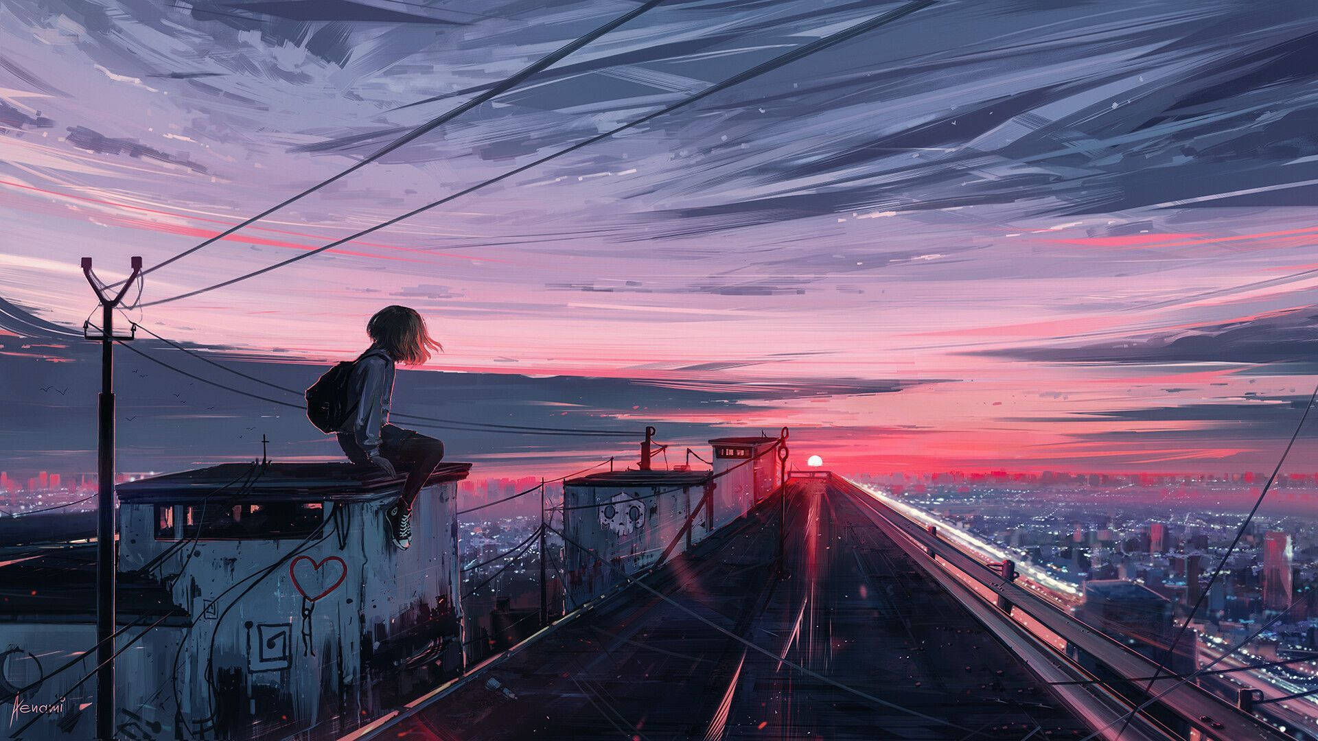 Sunset Aesthetic, rooftop, city, Full HD Desktop Wallpaper