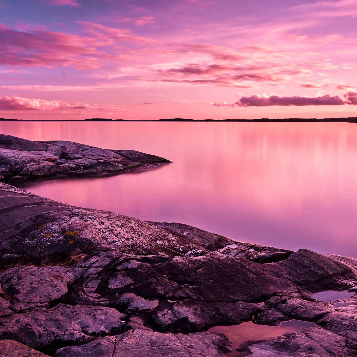 Pink Sunset, rocky shore, calm waters, HD Desktop Wallpaper