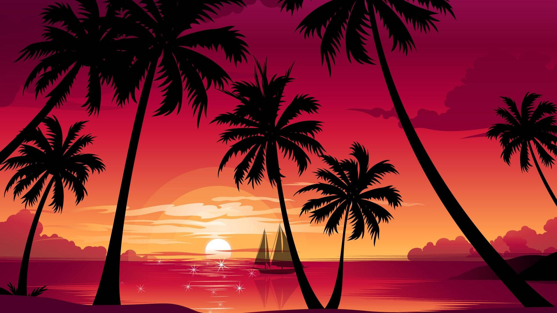 Sunset, palm trees, sailboat, Full HD Desktop Wallpaper