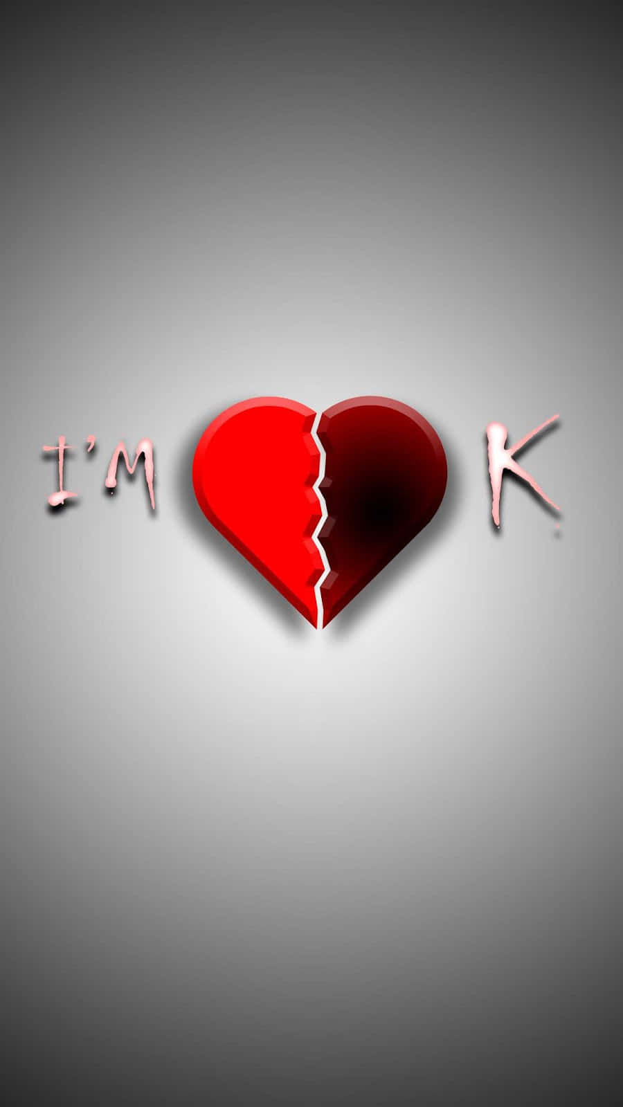 glossy red broken heart, I'M K' in pink script, gradient gray background, HD Phone Wallpaper