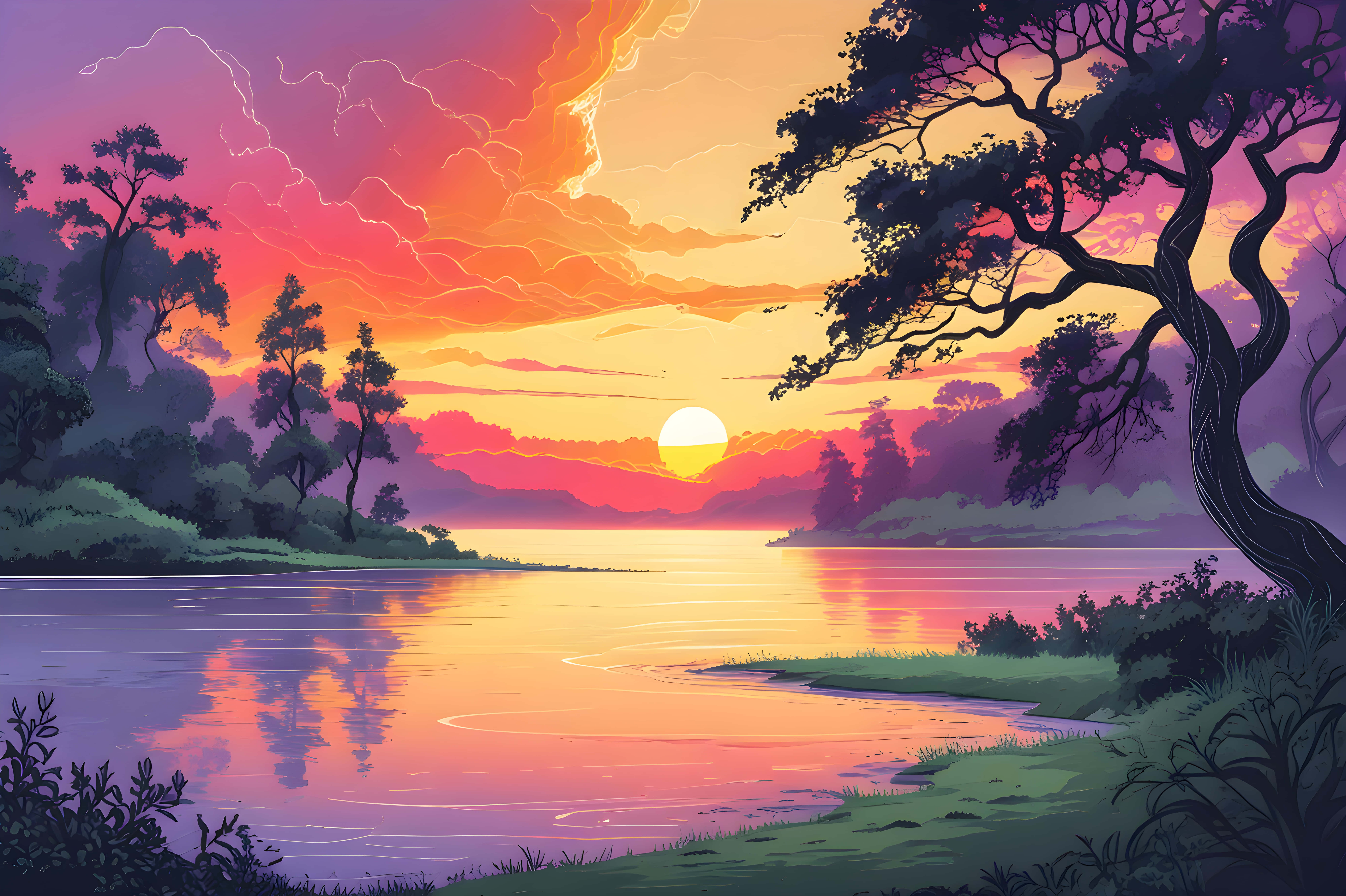 sunset, calm lake, vibrant orange pink and purple skies, 8K Desktop Wallpaper