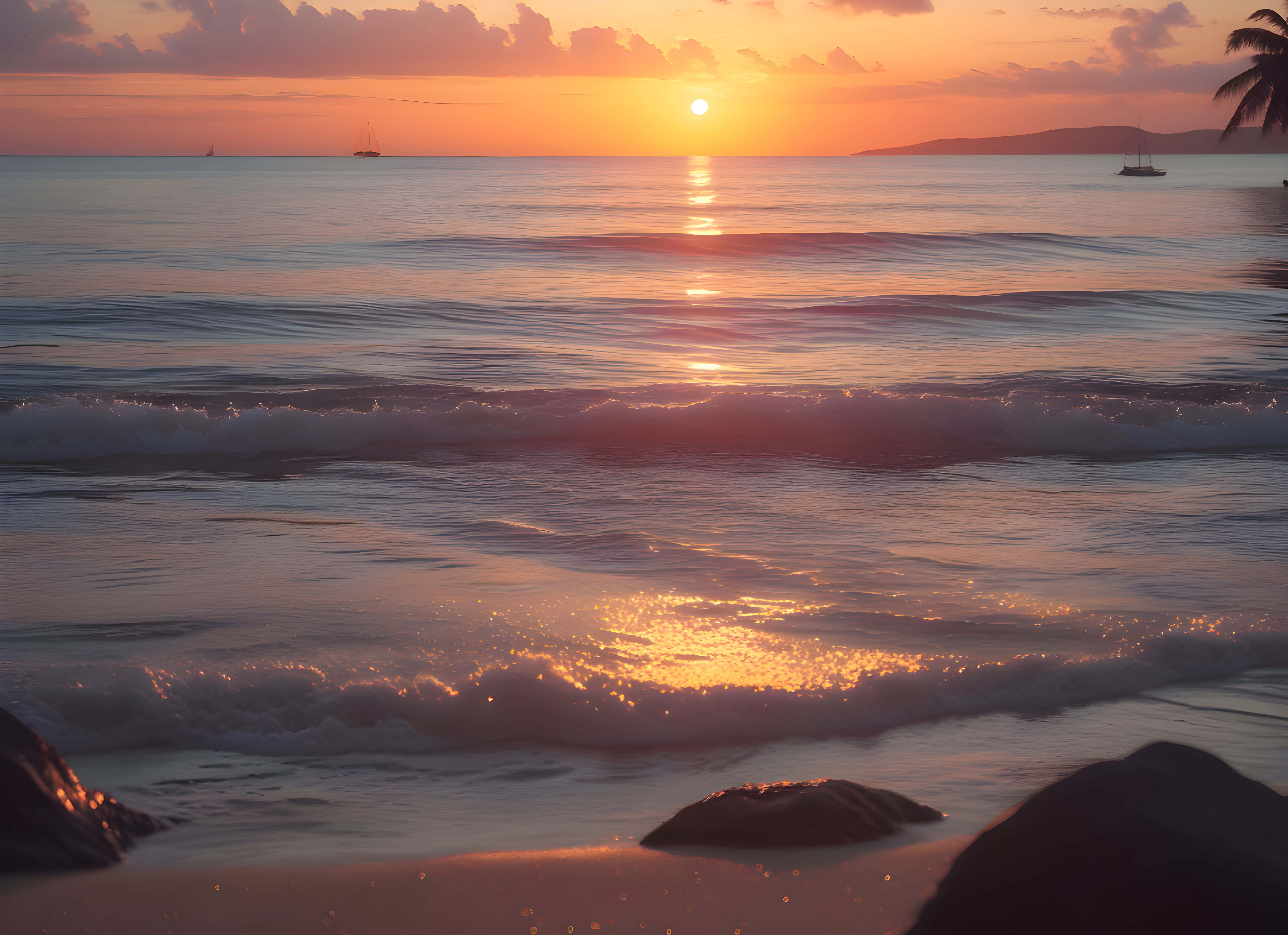 Sunset, calm ocean, sailboats, 5K Desktop Wallpaper