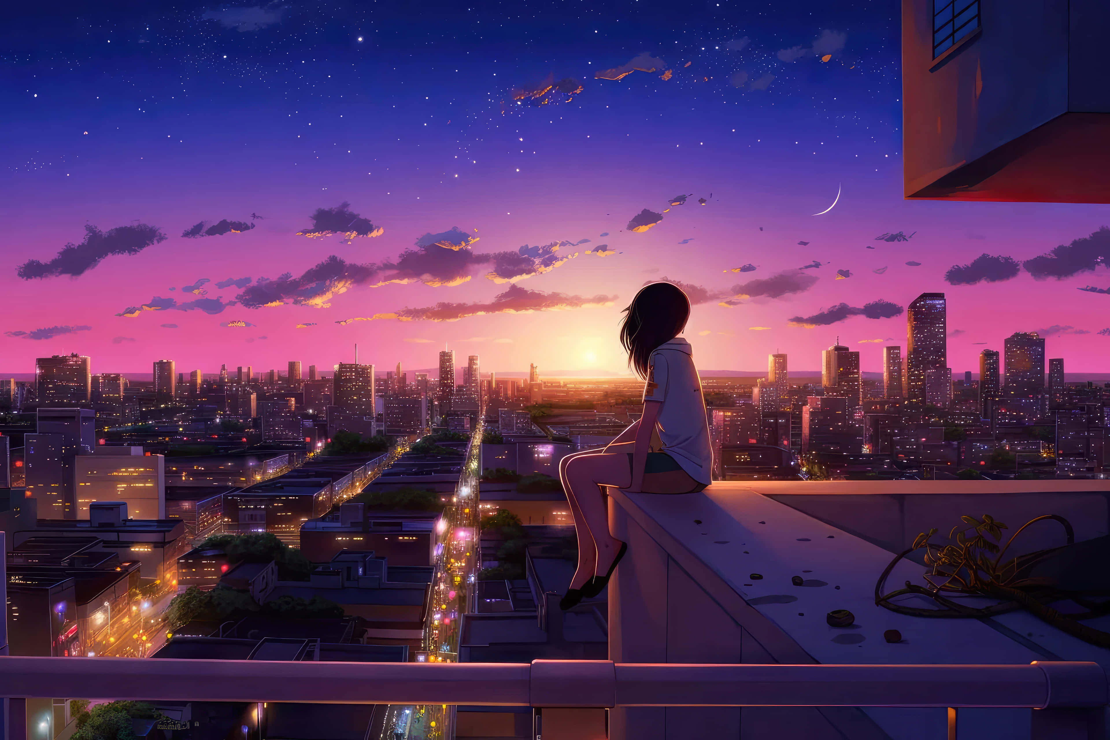 anime girl, rooftop ledge, vibrant purple and pink sunset, 4K Desktop Wallpaper