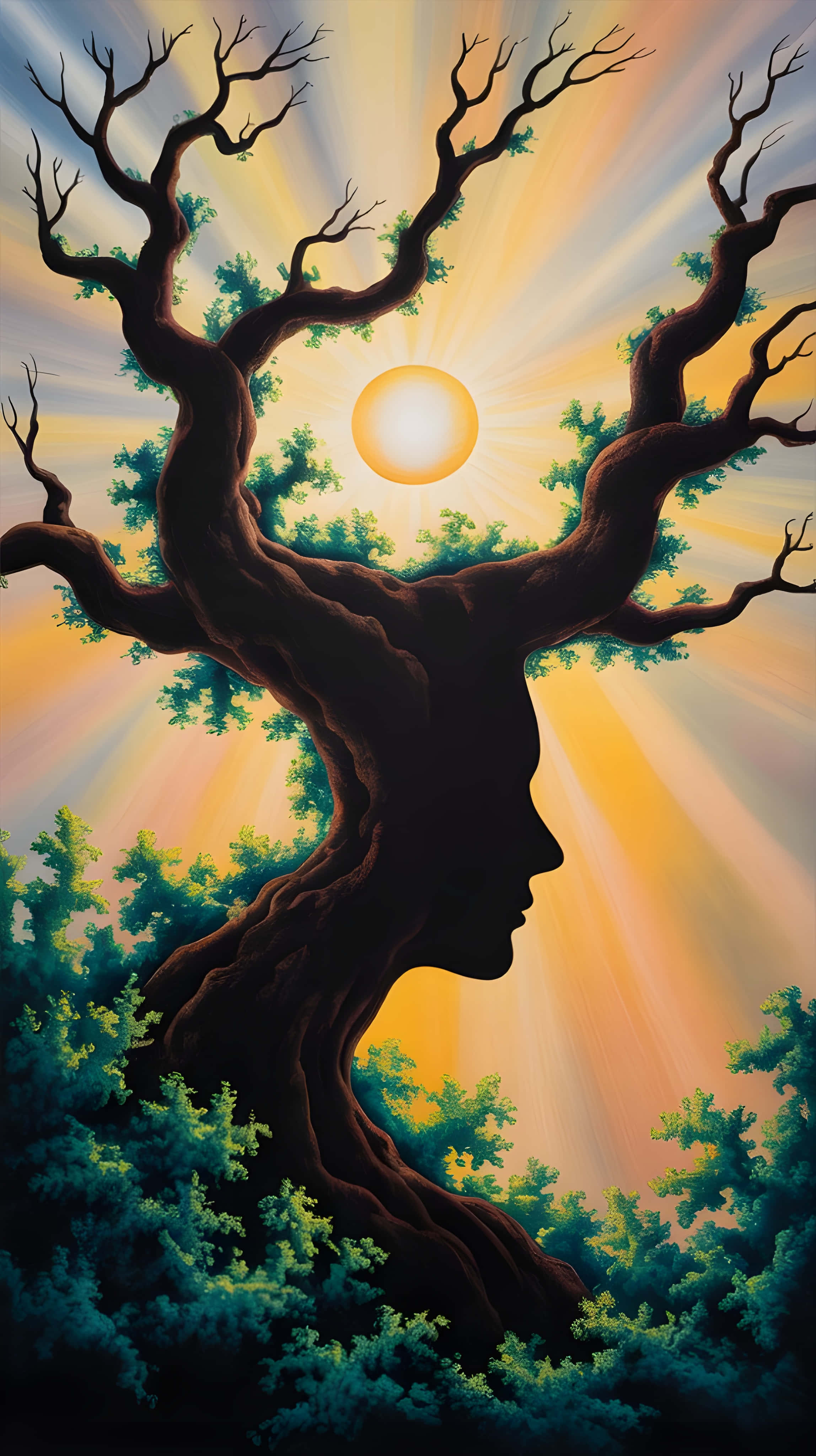 surreal tree man face, golden sunset, radiant sunburst sky, 4K Phone Wallpaper
