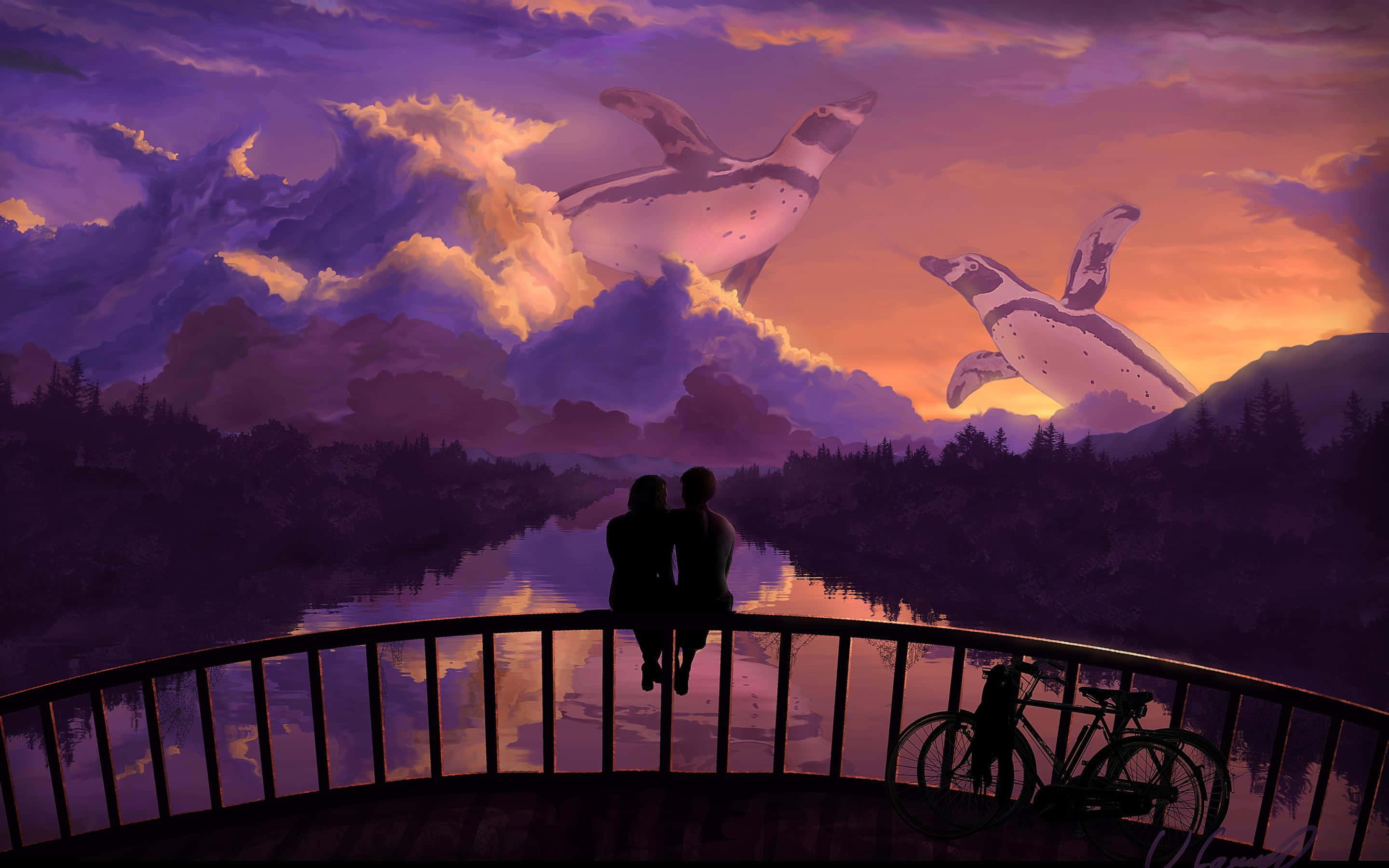 sunset, purple and orange sunset sky, bridge railing, 2K Desktop Wallpaper