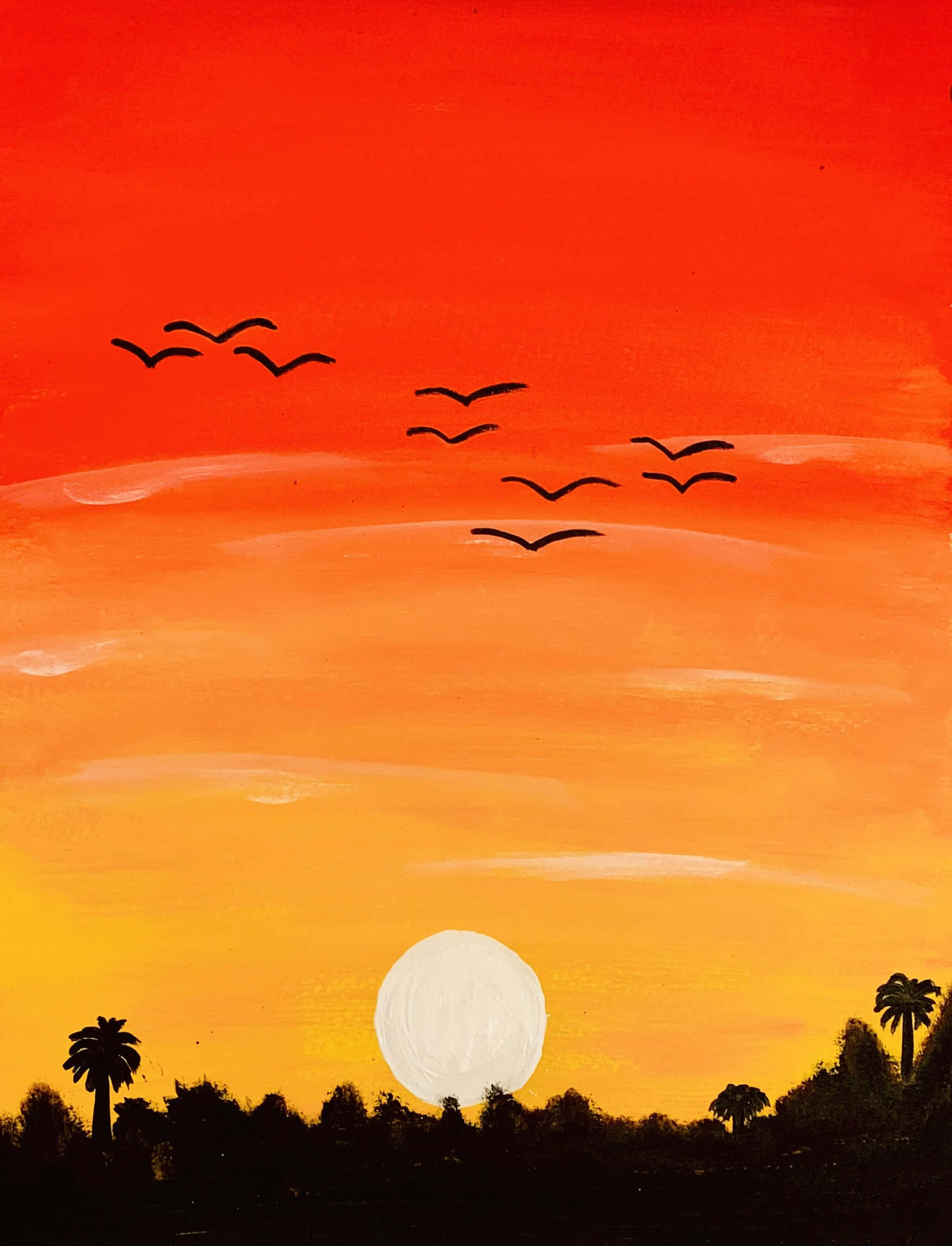 Tropical Sunset Silhouette Art, orange and yellow skies, palm trees, 2K Phone Wallpaper