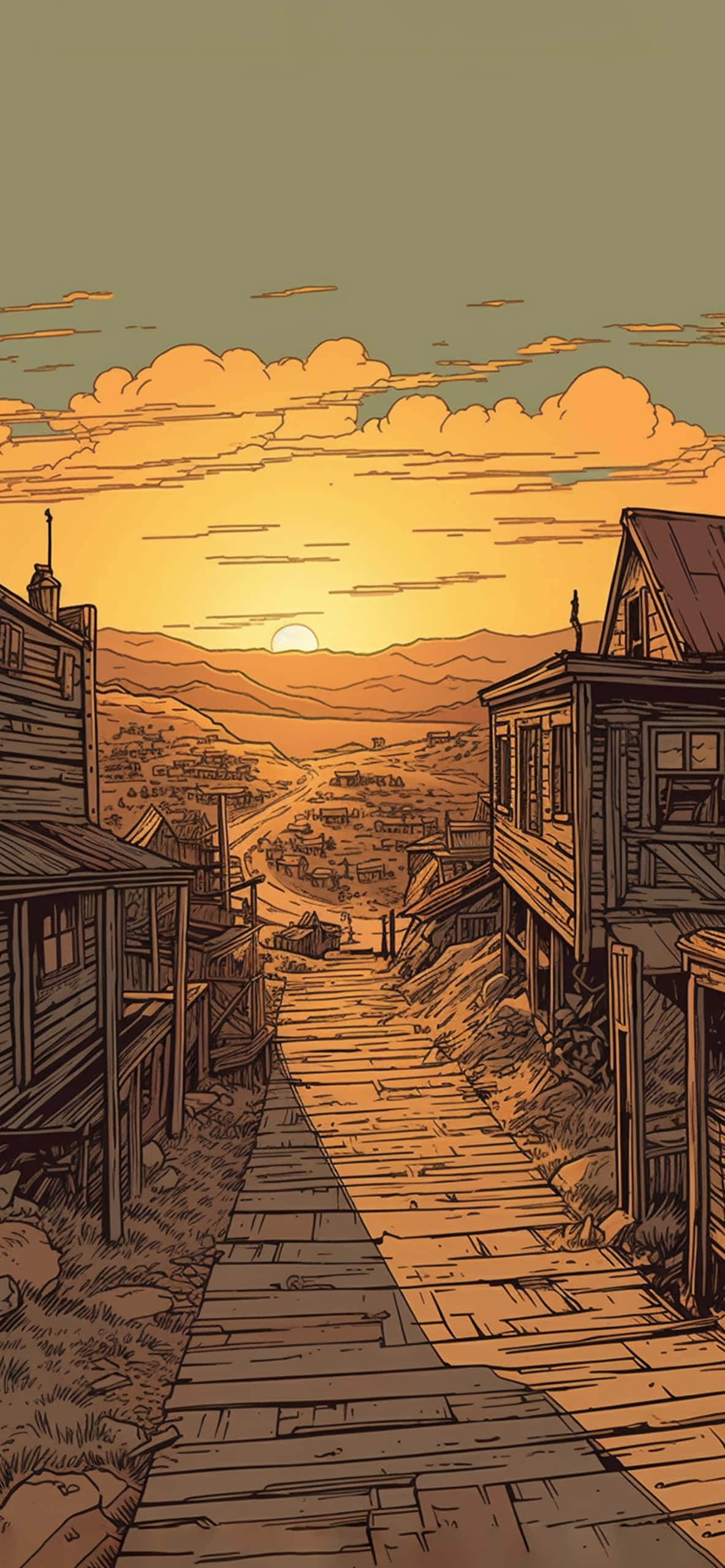 sunlit wooden path, rustic western town, sunset, 2K Phone Wallpaper