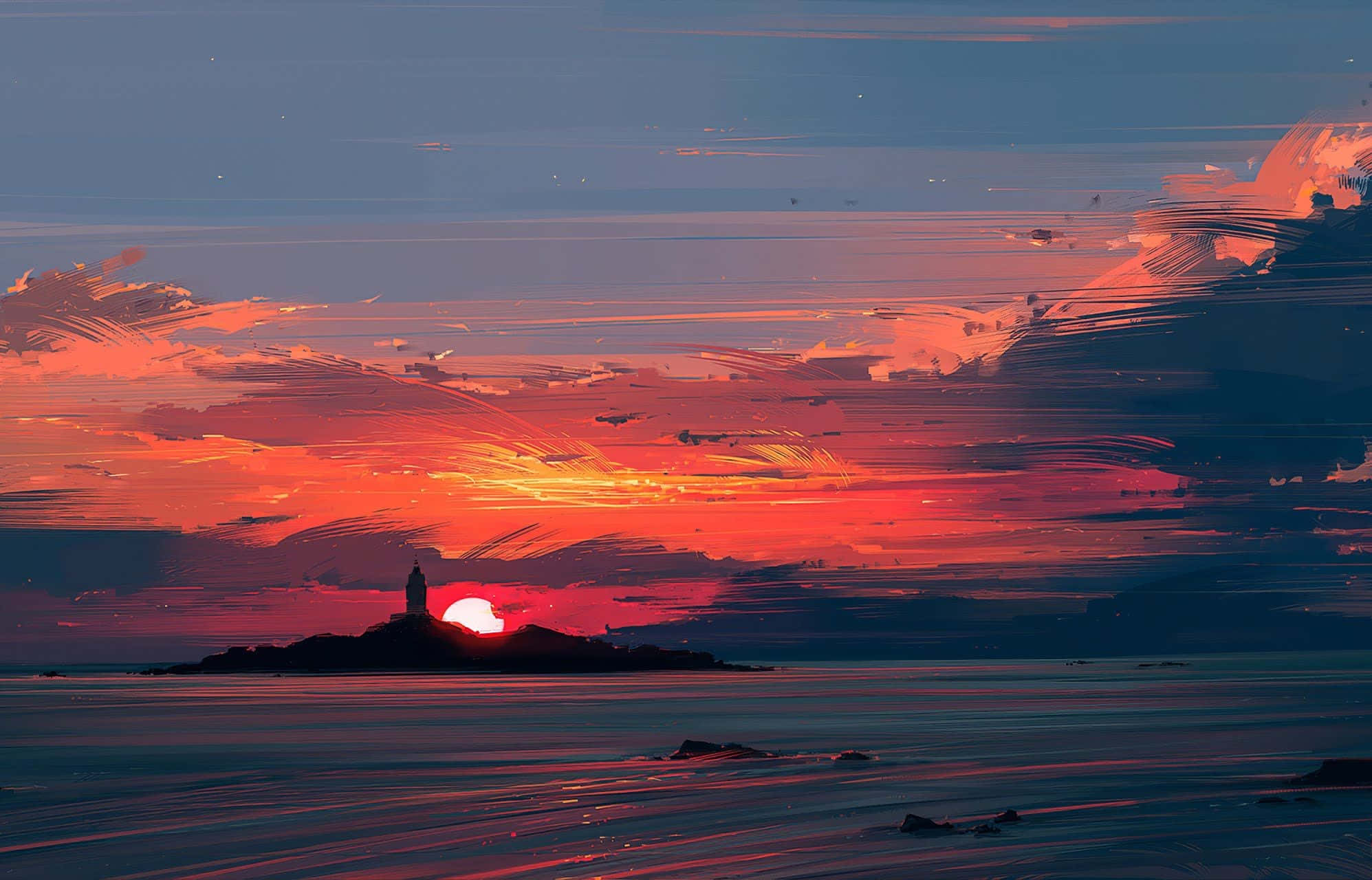 lighthouse, rocky island, fiery sunset, Full HD Desktop Wallpaper