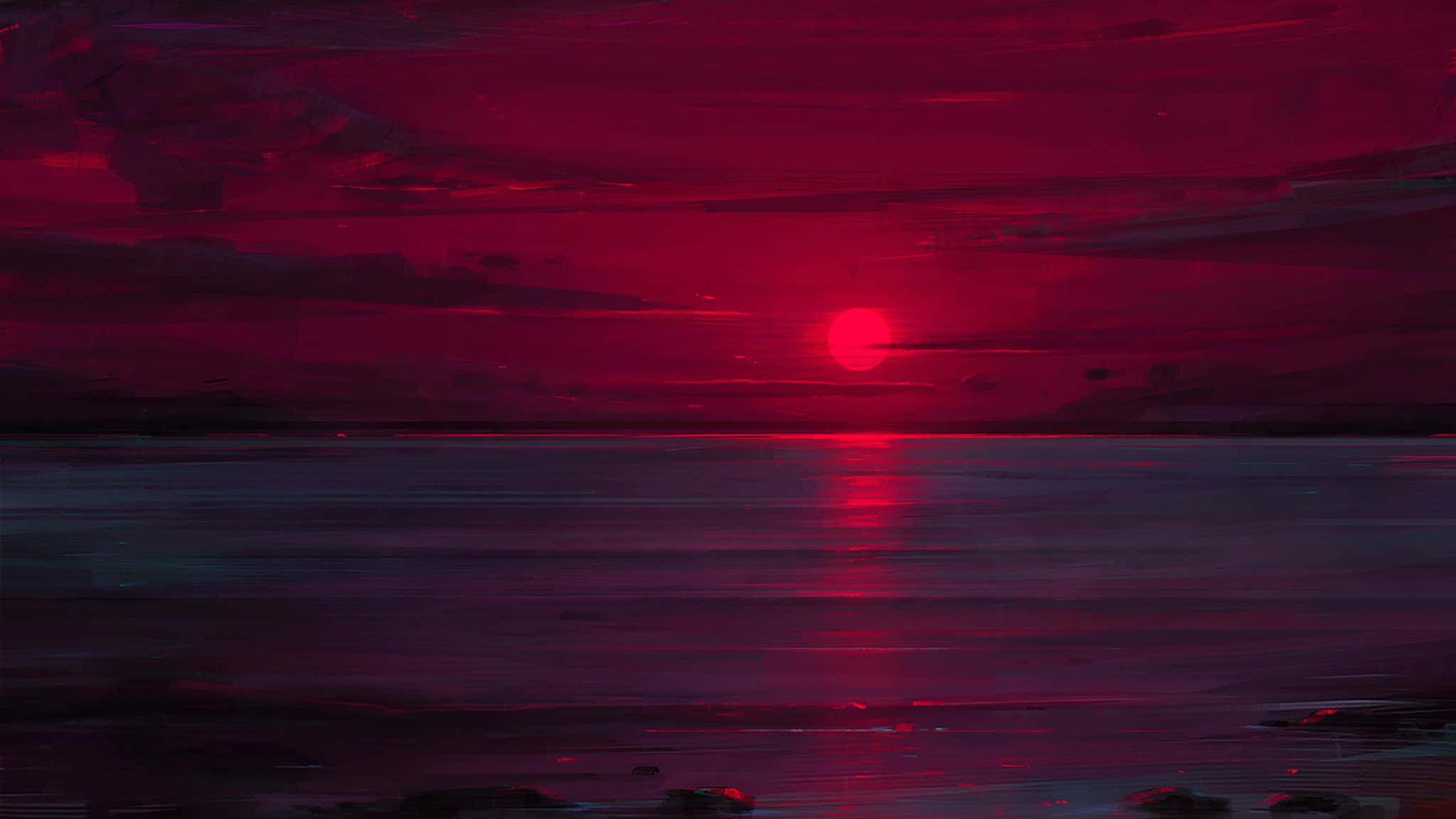 sunset, red sunset, dark water surface, Full HD Desktop Wallpaper