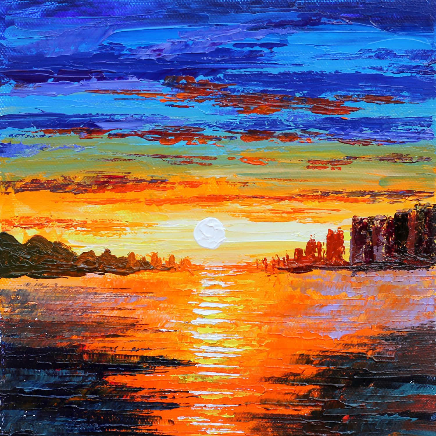 vibrant sunset, oil painting, water, HD Desktop Wallpaper