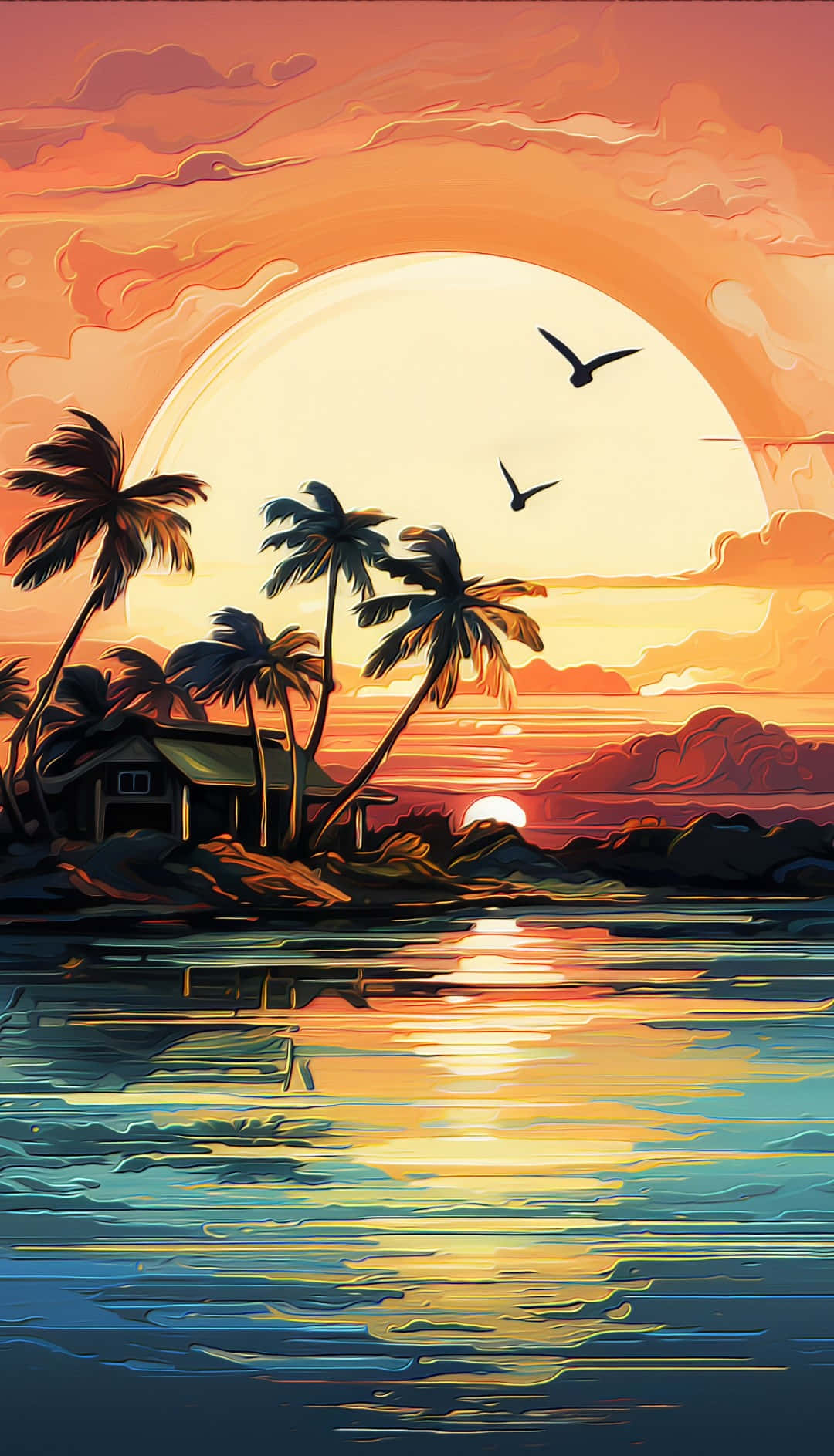 tropical sunset, palm trees, giant sun, HD Phone Wallpaper