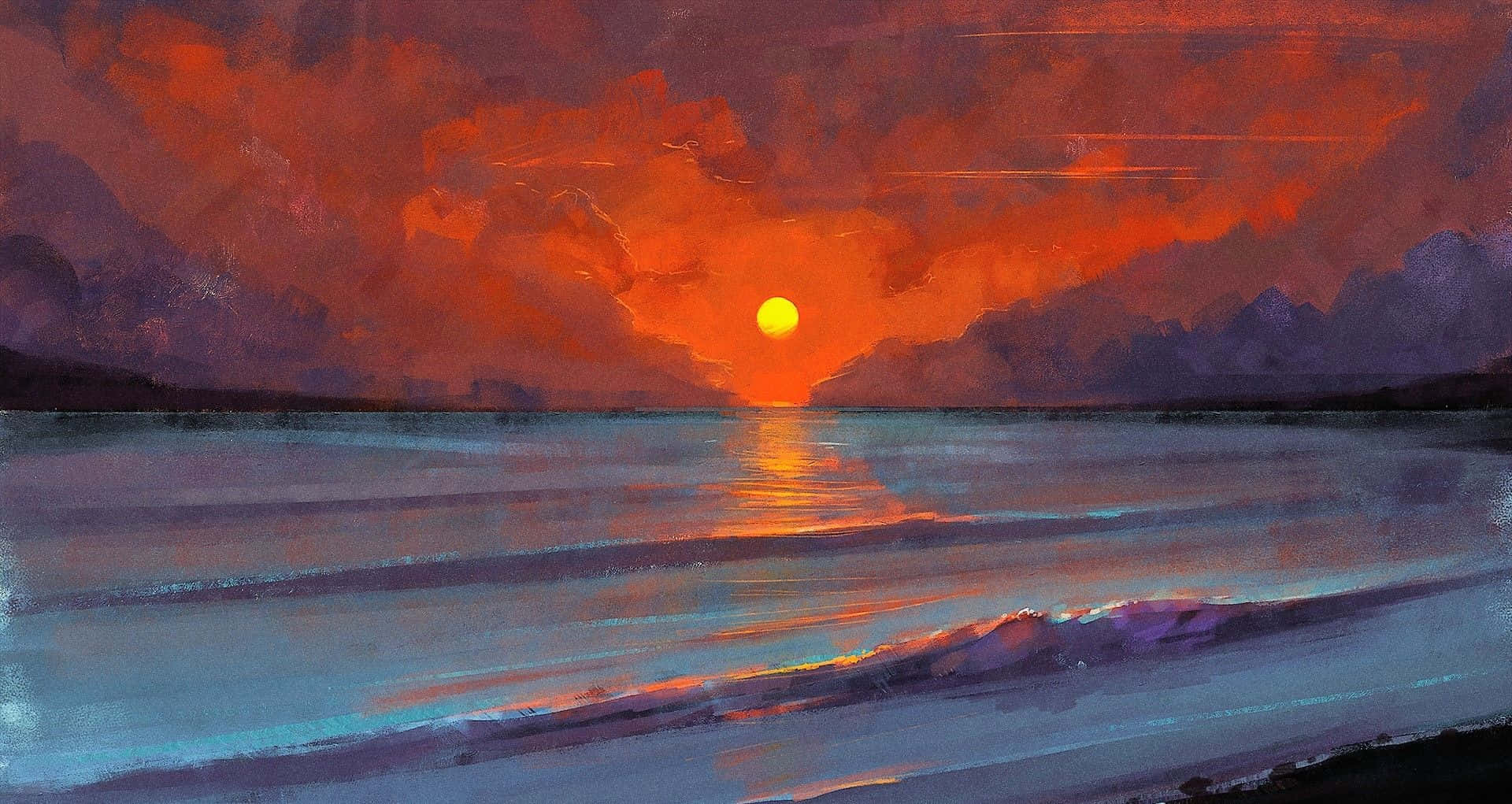 sunset, fiery orange sun, purple mountains, Full HD Desktop Wallpaper