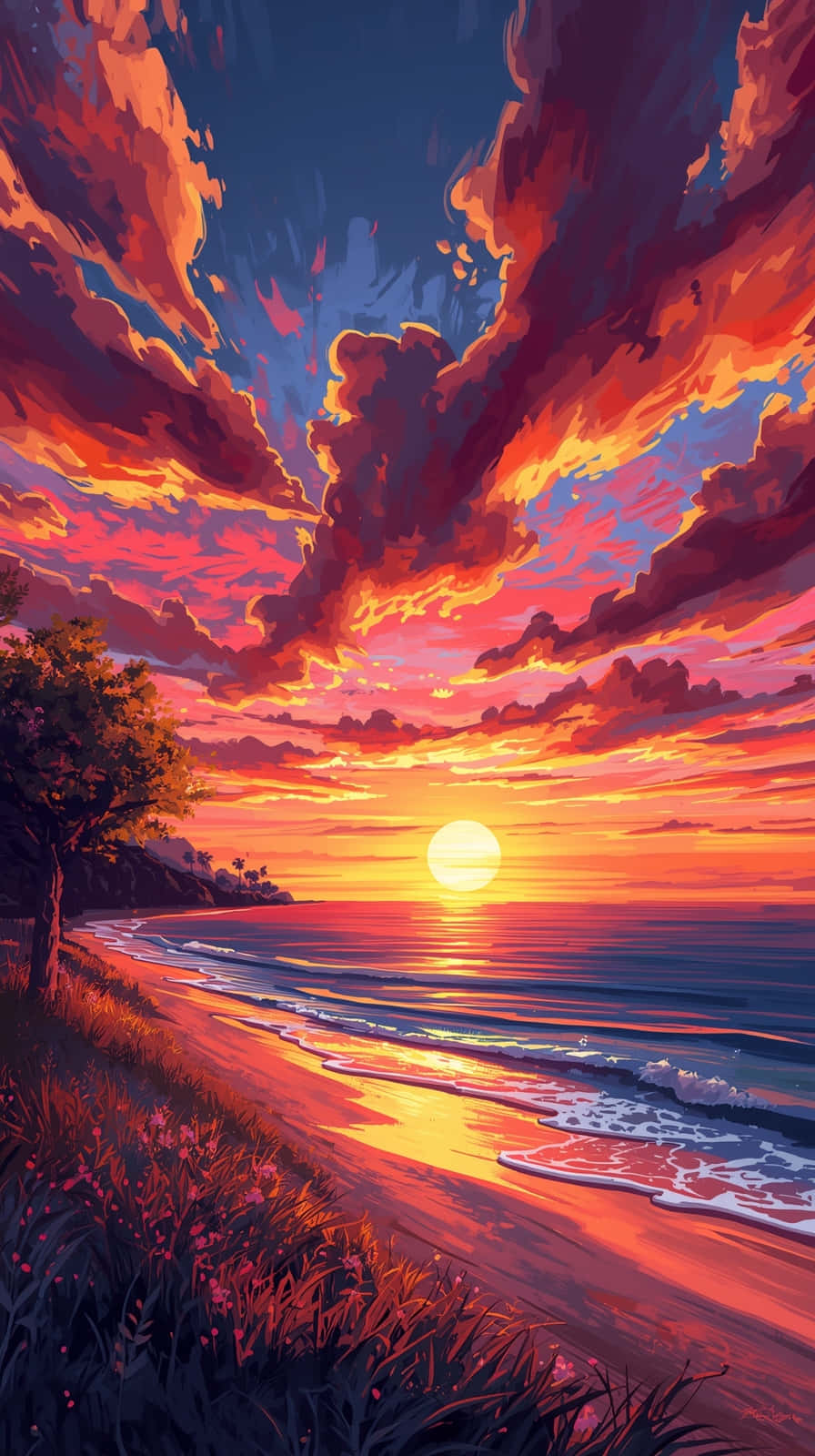 vibrant anime beach sunset, pink clouds, fiery oranges and purples, HD Phone Wallpaper