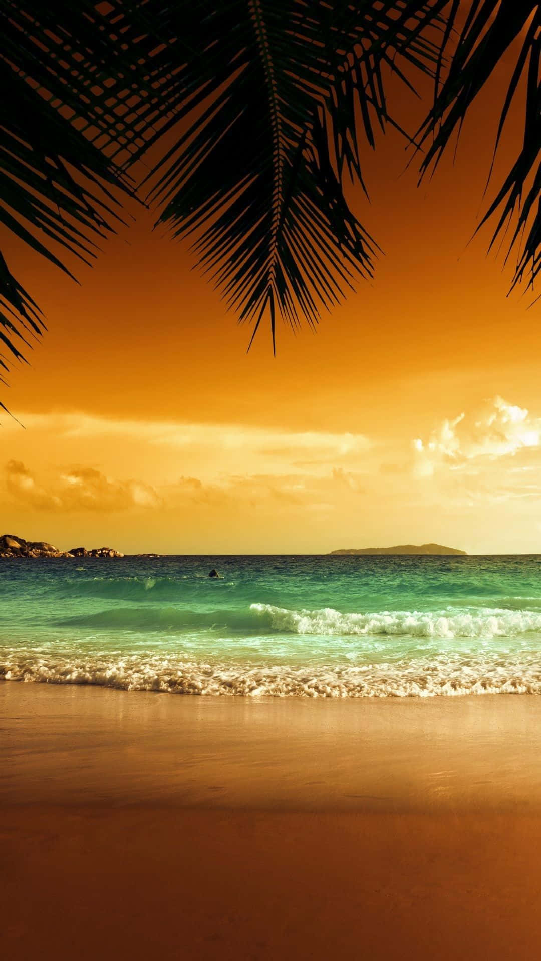 Sunset Beach iPhone, golden sunset, turquoise waves, Full HD Phone Wallpaper