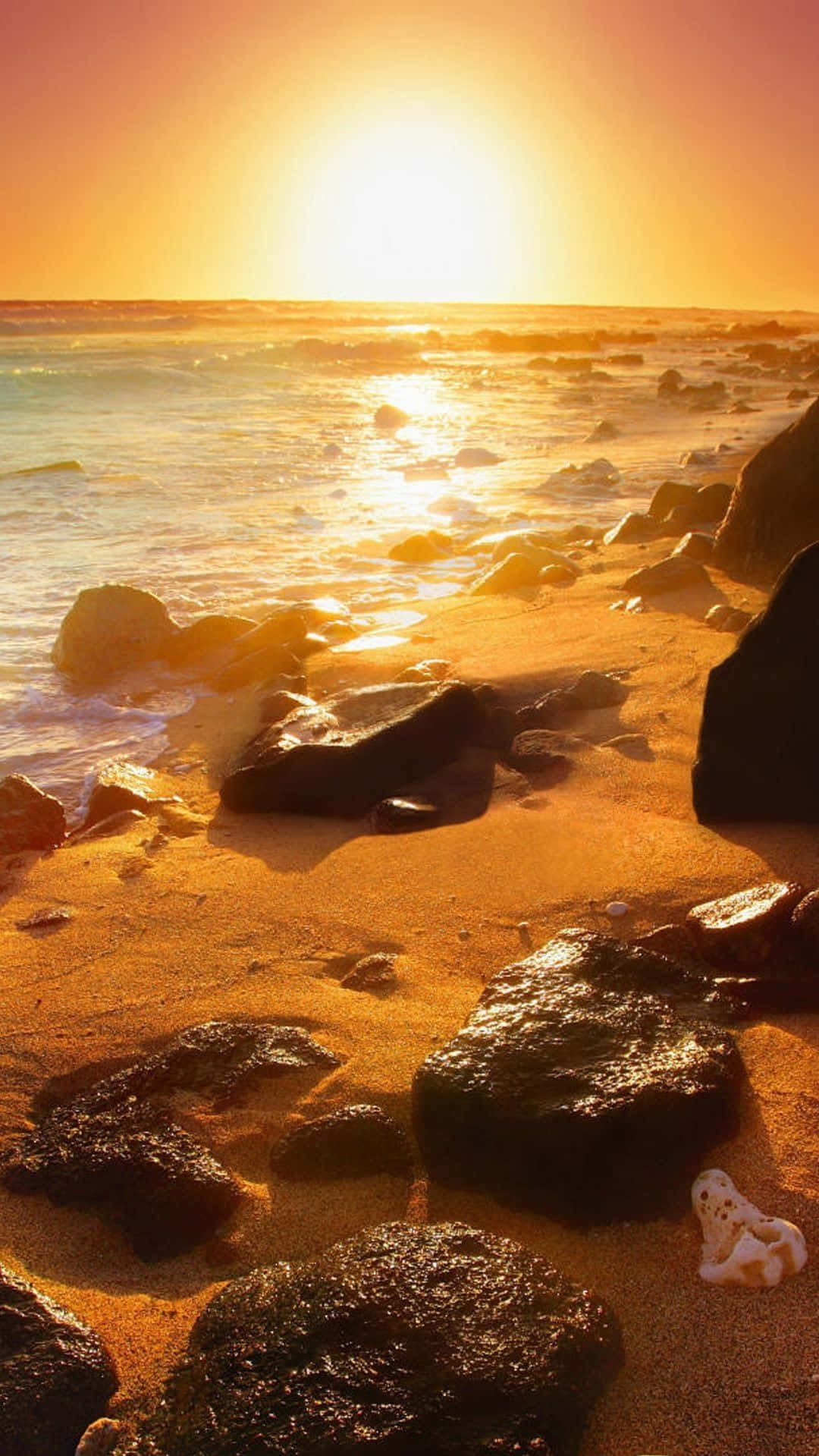 Sunset Beach iPhone, golden sunset, ocean waves, HD Phone Wallpaper