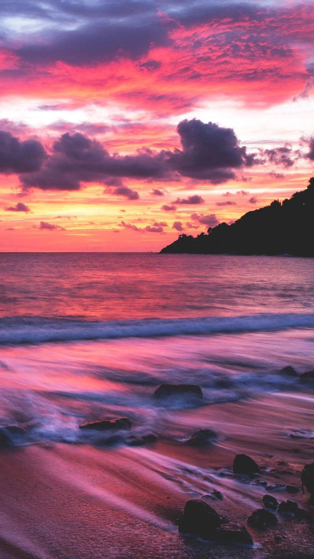 pink sunset, iPhone, ocean, Full HD Phone Wallpaper