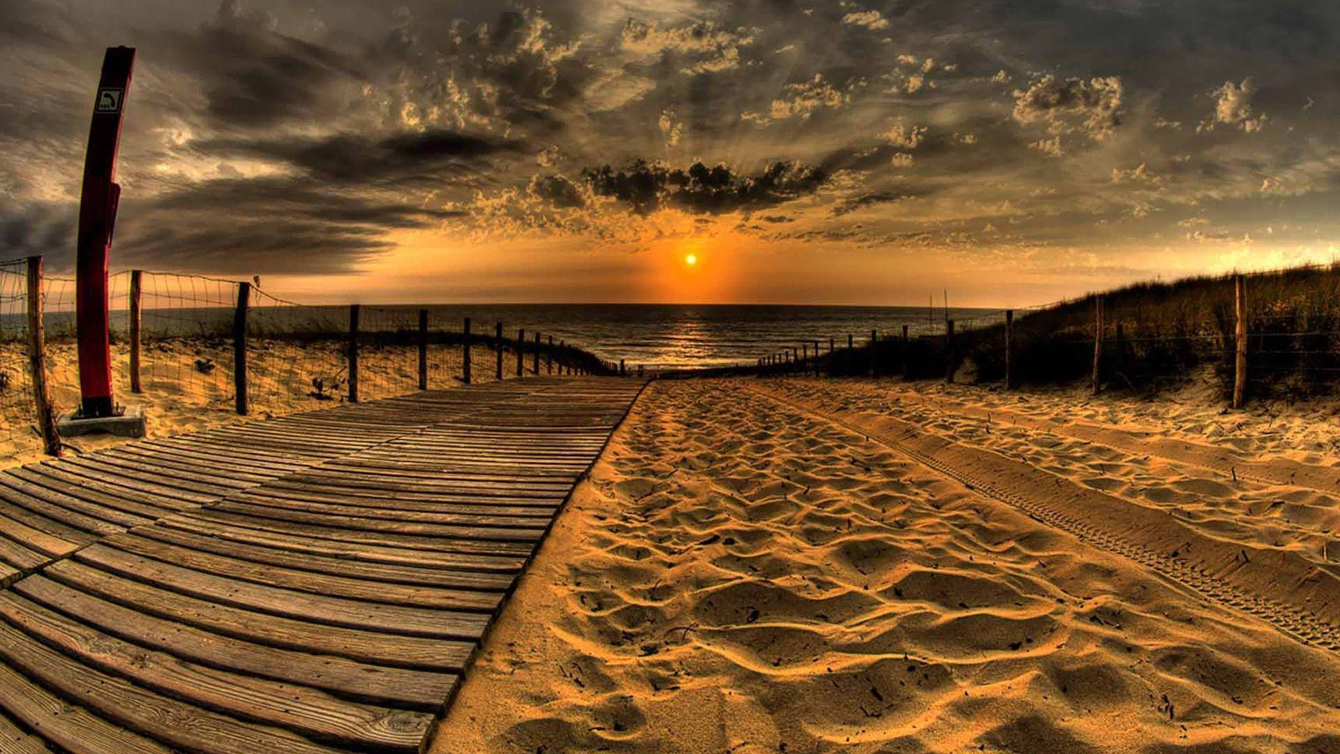 serene sunset, beach, wooden boardwalk, Full HD Desktop Wallpaper