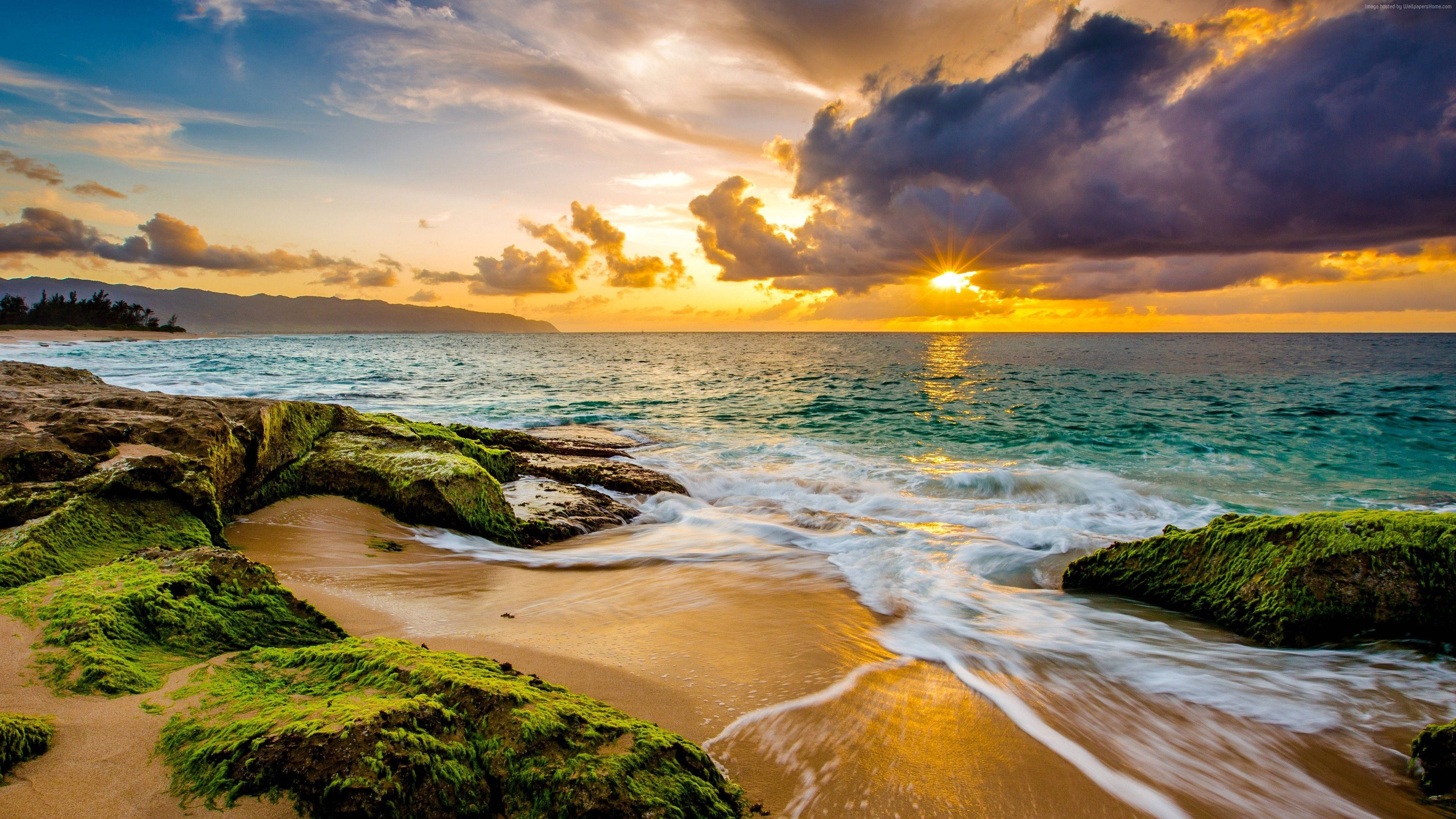 Sunset, golden orange, waves, 4K Desktop Wallpaper