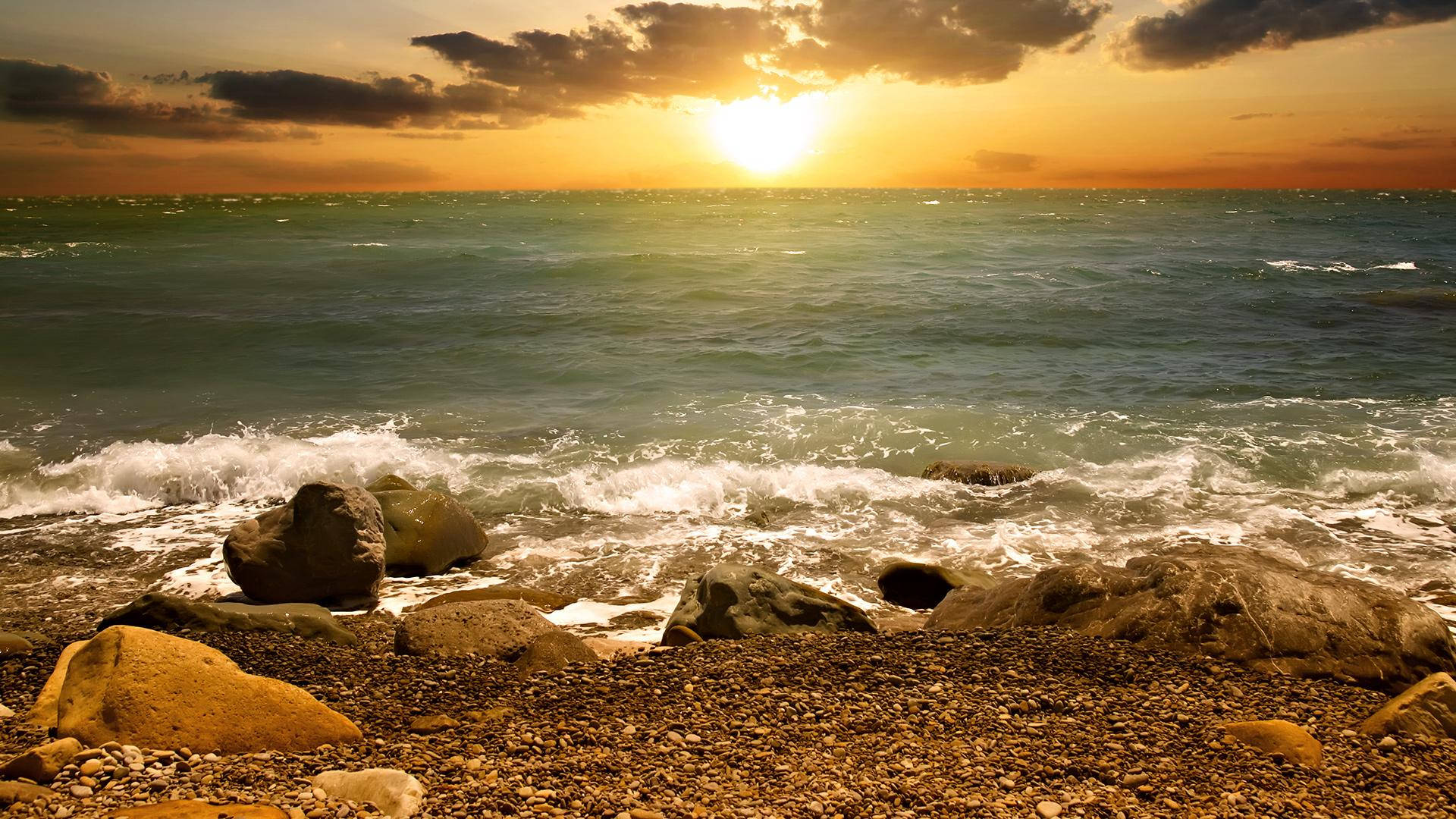 Sunset, Beach, Golden sunset, Full HD Desktop Wallpaper