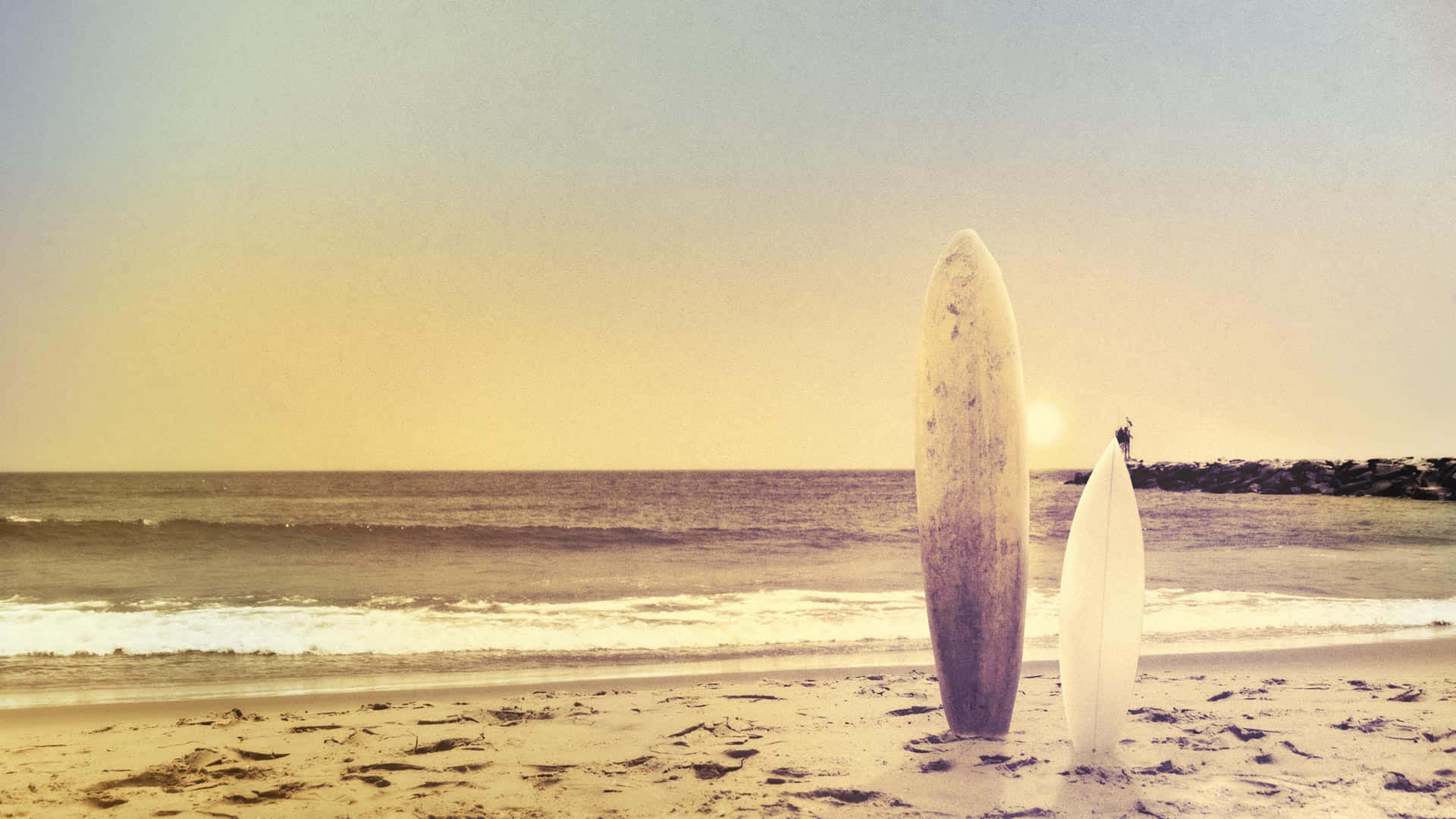 surfboard, sandy beach, golden sunset, Full HD Desktop Wallpaper