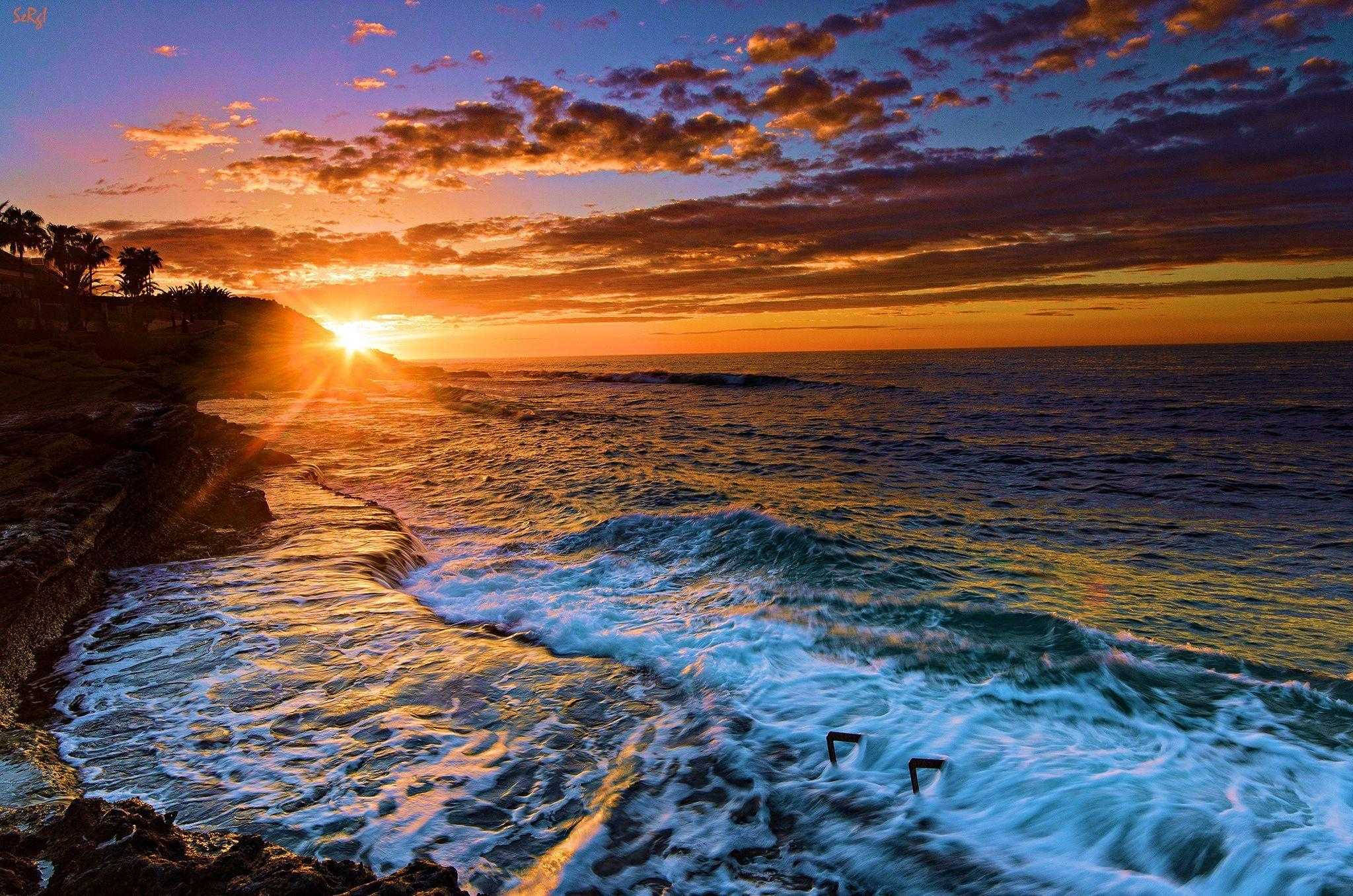 Sunset, beach, fiery orange, Full HD Desktop Wallpaper