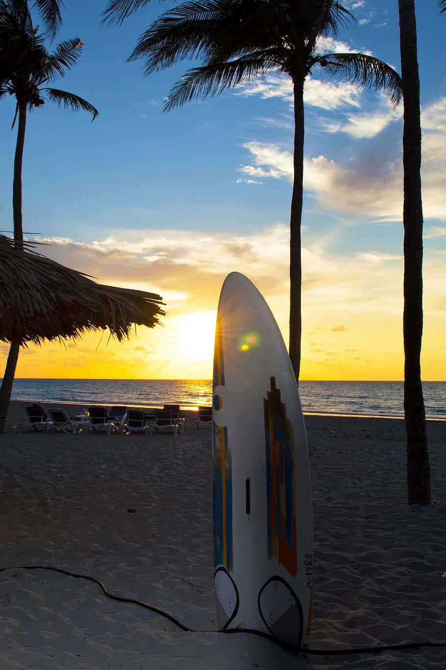 surfboard, palm trees, sandy beach, HD Phone Wallpaper