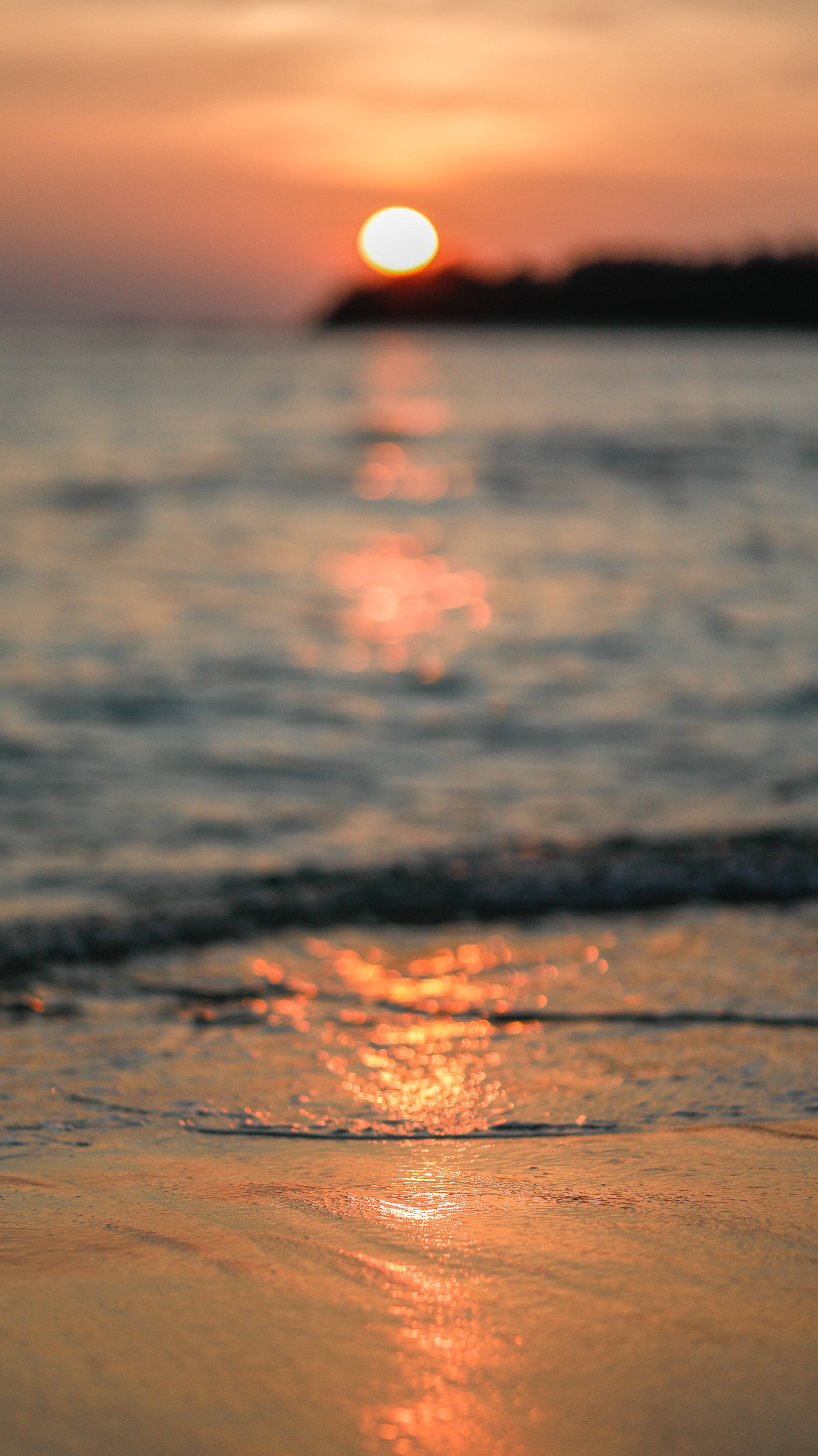 Sunset, ocean waves, sandy shore, 5K Phone Wallpaper
