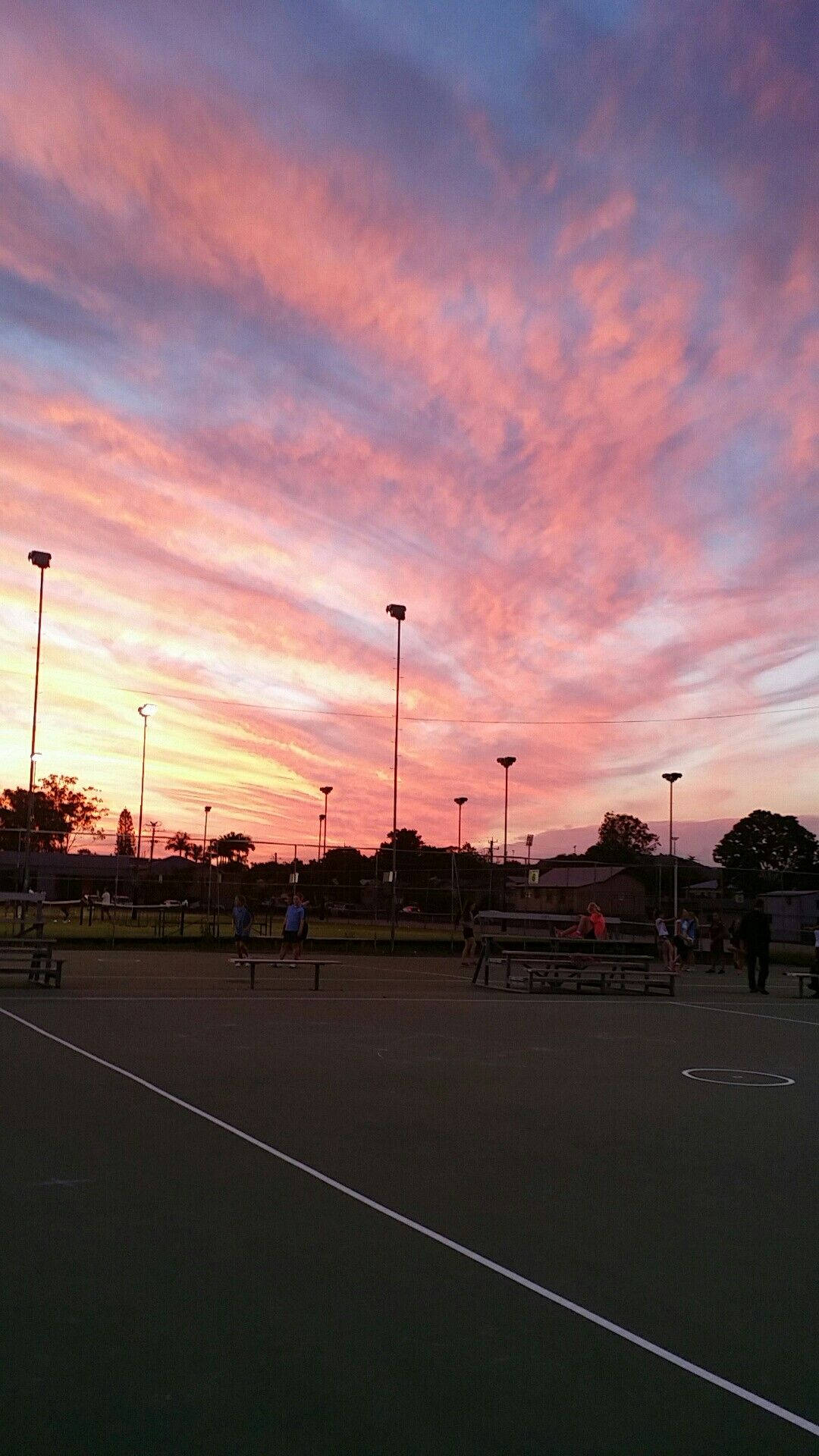 Sunset Boulevard, pink skies, tennis court, Full HD Phone Wallpaper
