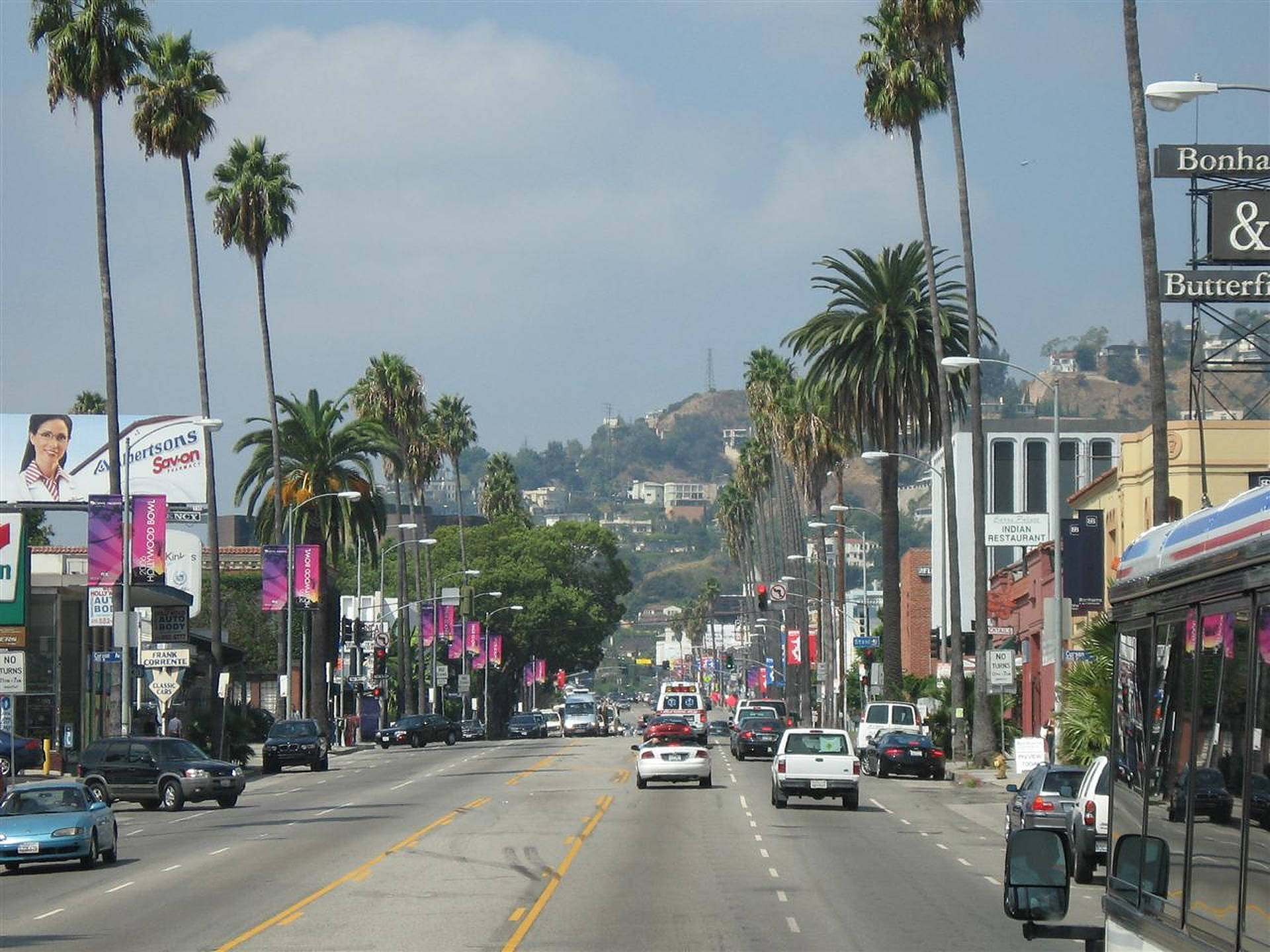 Sunset Boulevard, palm trees, colorful banners, Full HD Desktop Wallpaper
