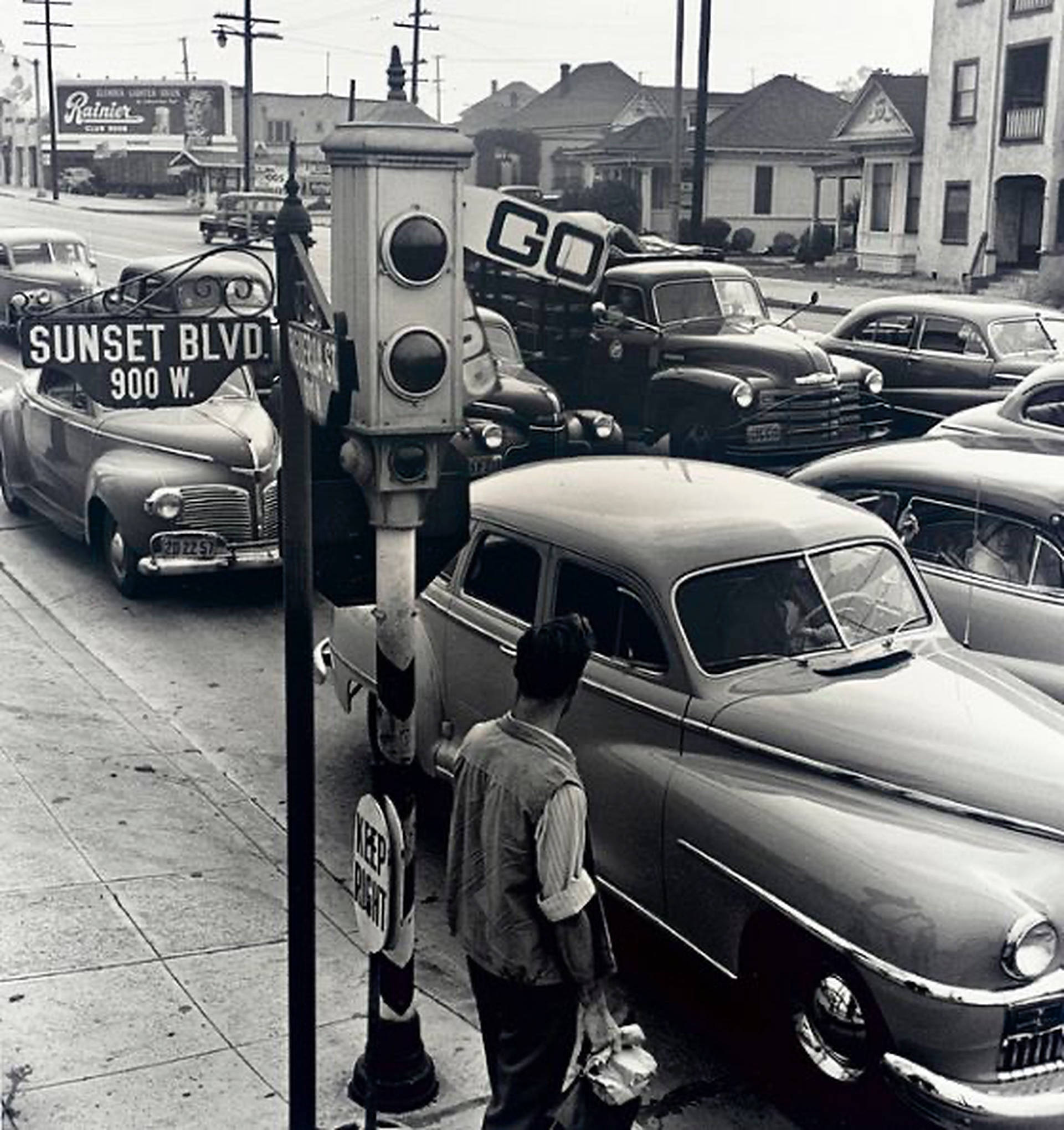 Sunset Boulevard, vintage cars, traffic signal, Full HD Phone Wallpaper
