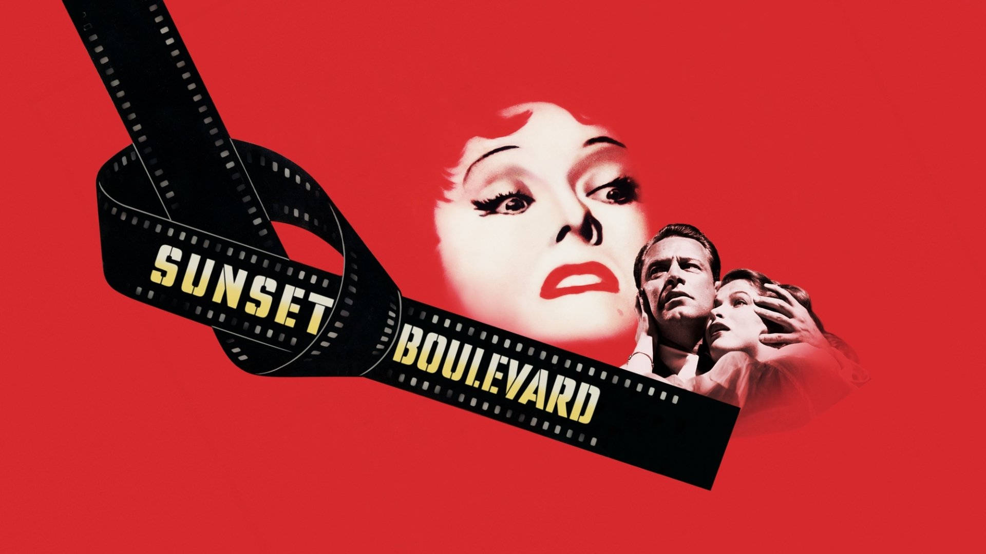 Sunset Boulevard, red background, black film strip, Full HD Desktop Wallpaper