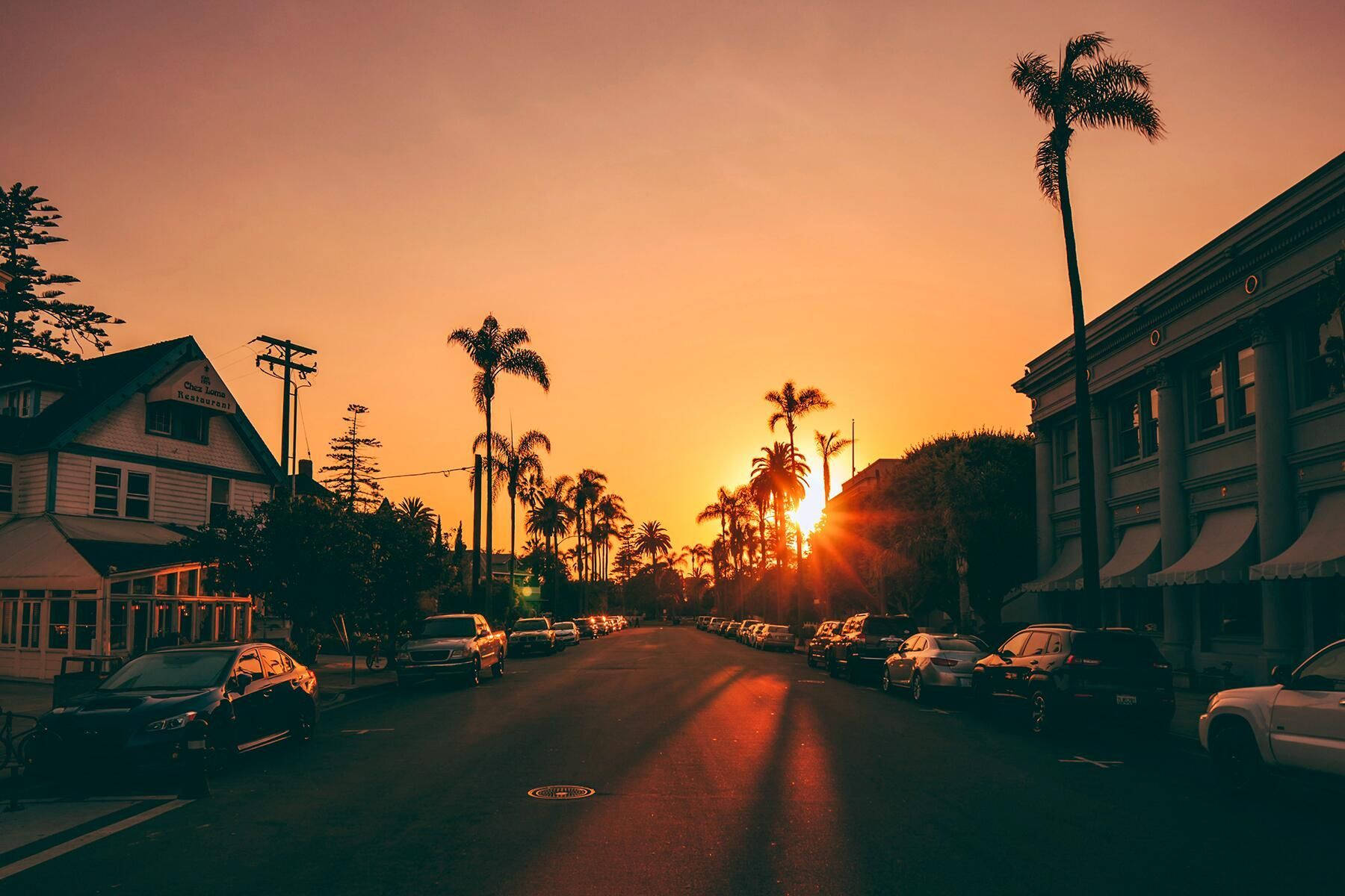 Sunset, palm-lined street, vintage buildings, HD Desktop Wallpaper