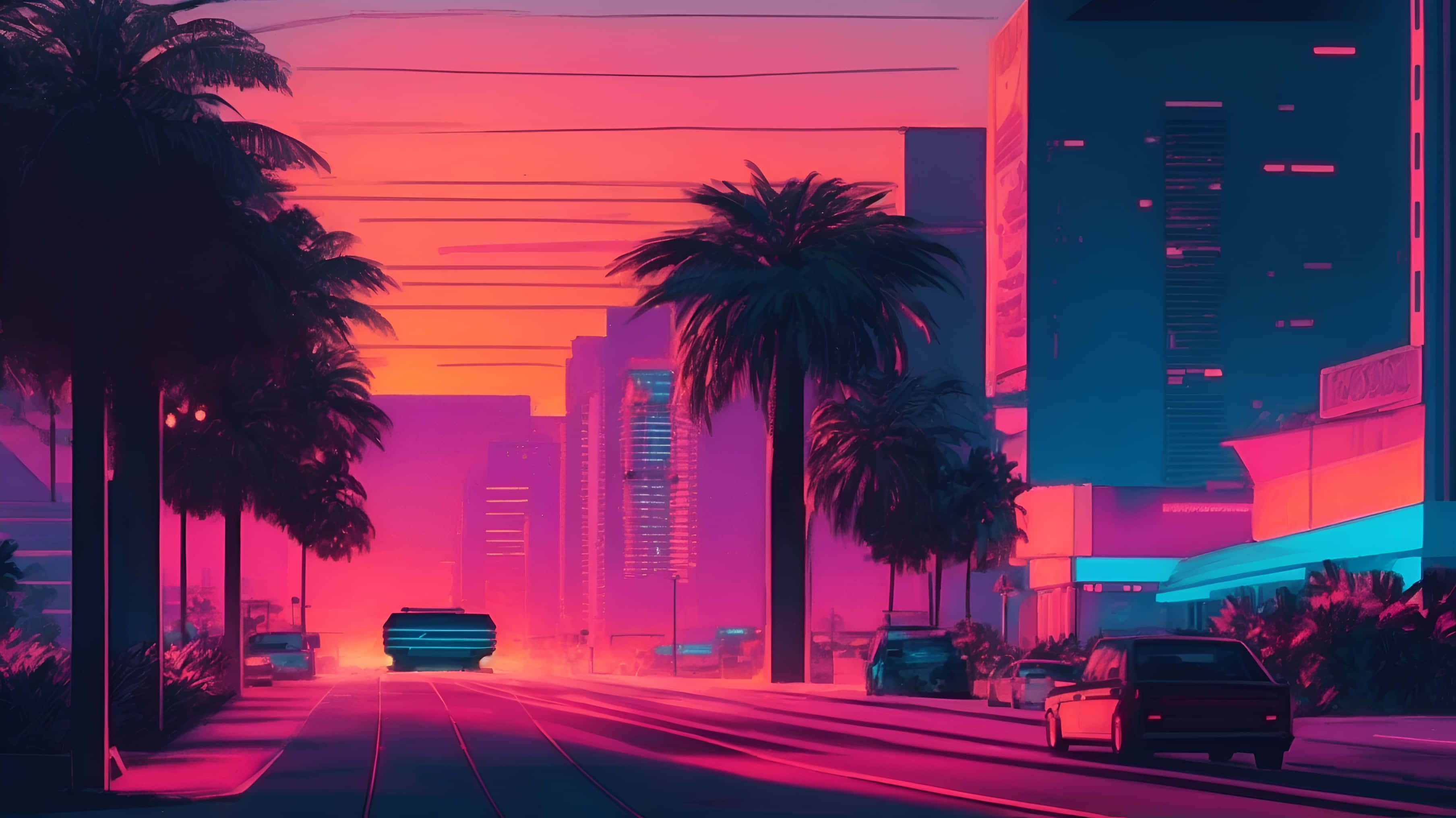 neon-drenched, city street, sunset, 2K Desktop Wallpaper