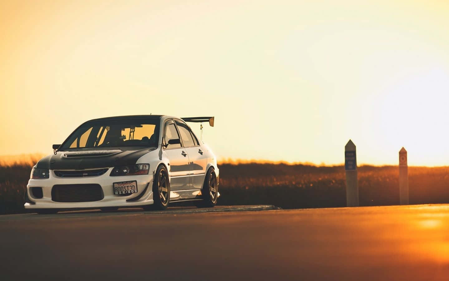 Sunset Boulevard, golden hour, white modified sports car, HD Desktop Wallpaper