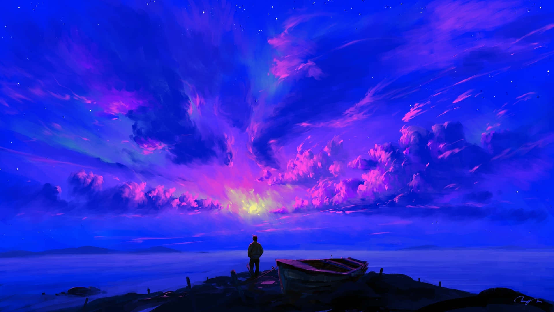 neon purple sunset cloud, vibrant purple and blue aurora-filled sky, rocky shore, Full HD Desktop Wallpaper