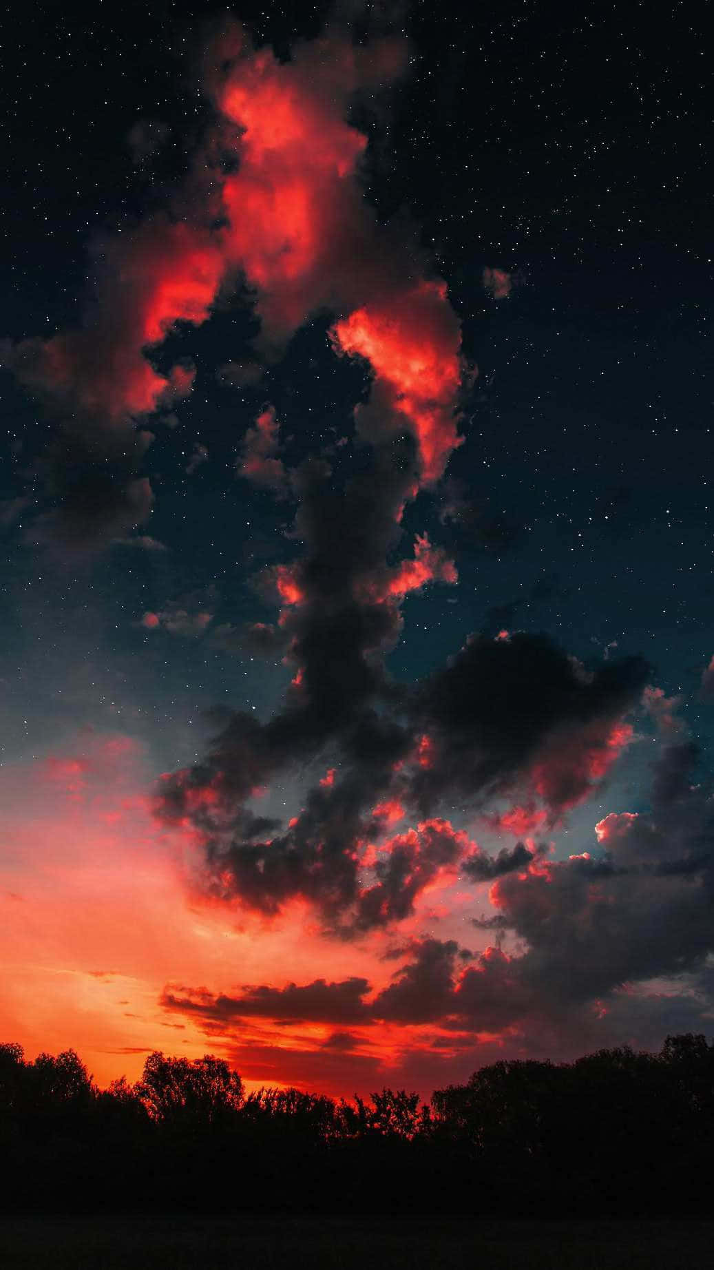 black and red sunset clouds, vibrant red clouds, starry twilight sky, HD Phone Wallpaper