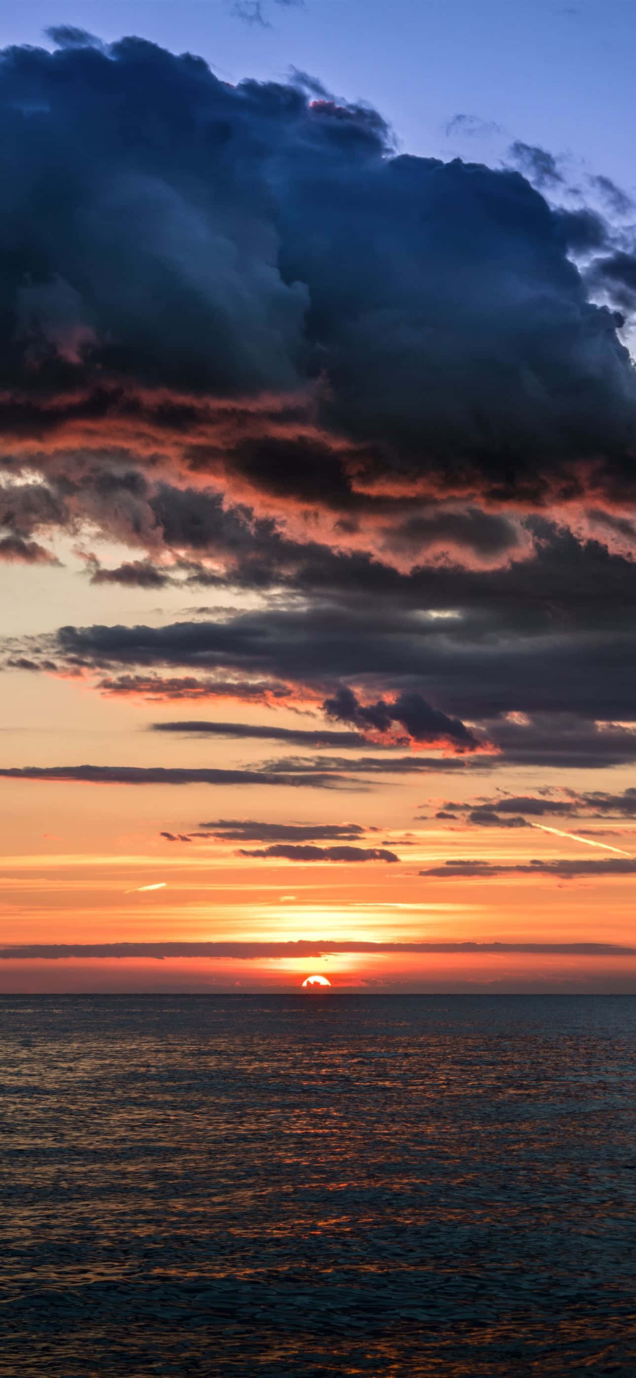 Ocean Sunset Cloud, fiery orange clouds, glowing sun, 2K Phone Wallpaper